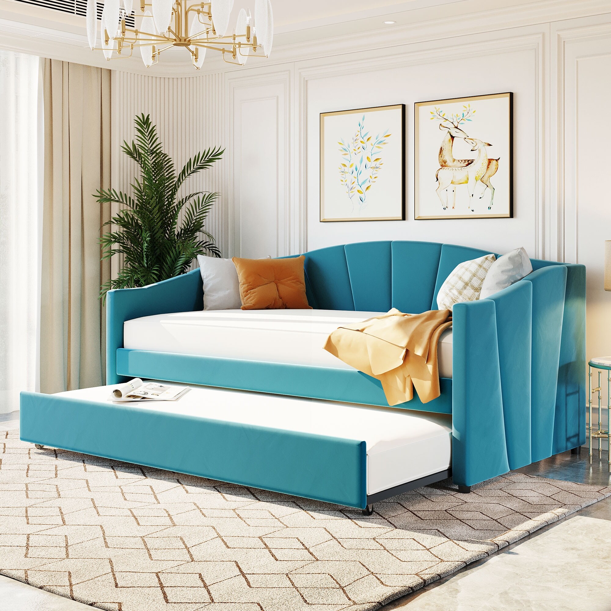 Upholstered Daybed With Trundle Bed|blue