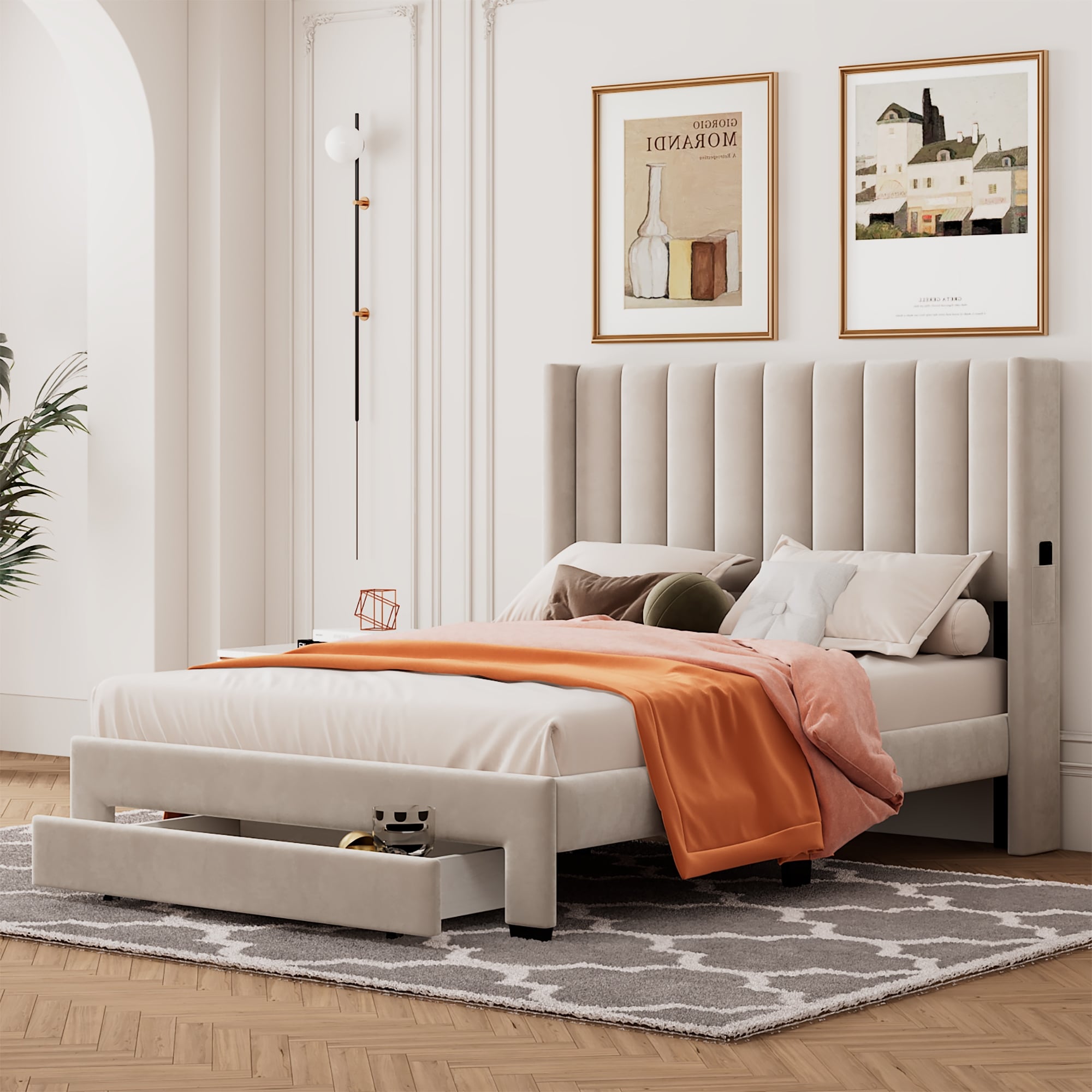 Queen Size/ Full Storage Bed Velvet Platform Bed With A Big Drawer