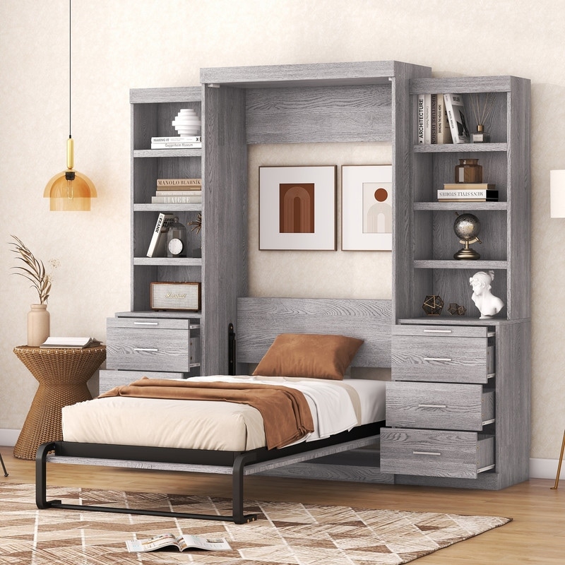 Twin Size Murphy Bed With Storage Shelves And Drawers  Grey