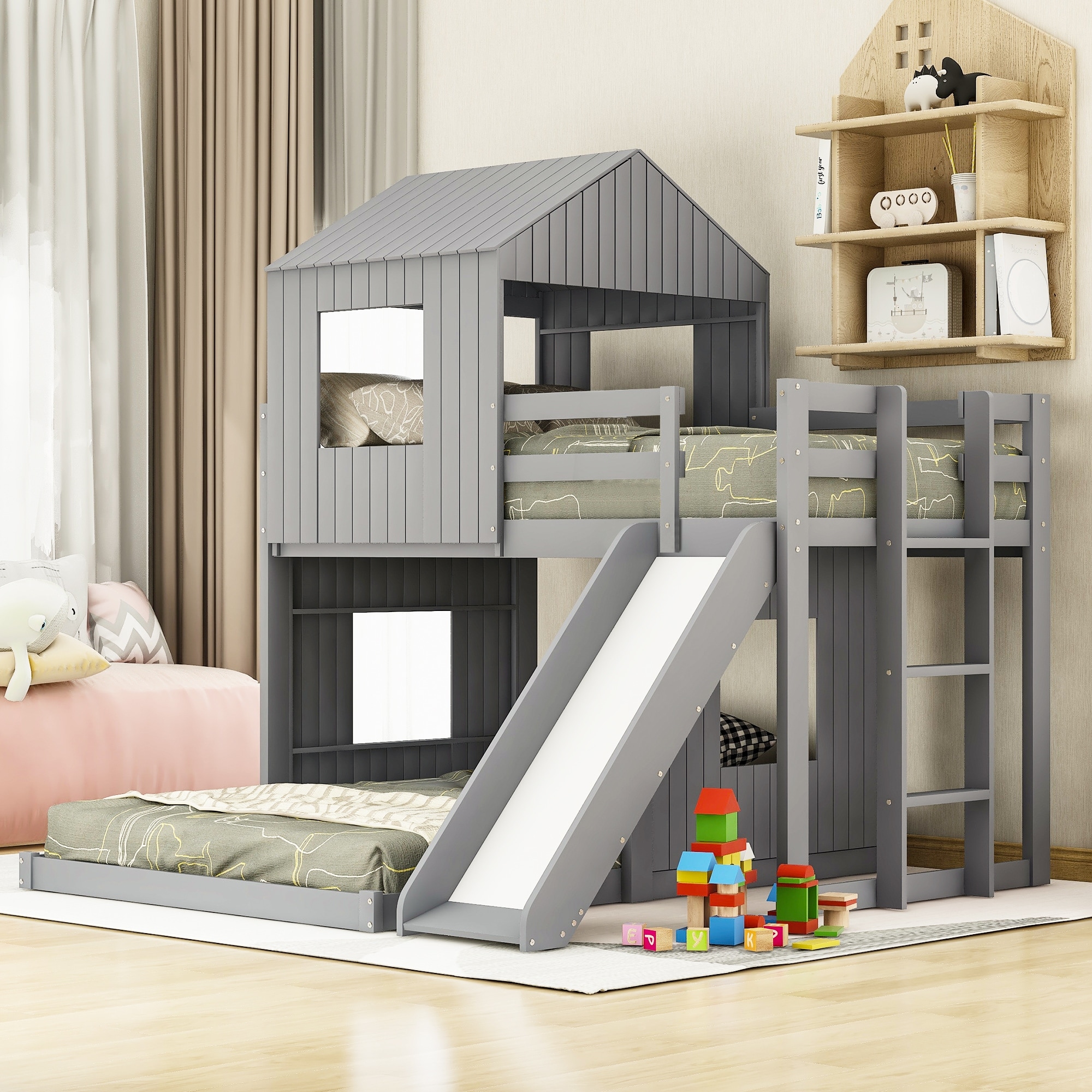 Wooden Twin Over Full Bunk Bed  Loft Bed With Playhouse  Farmhouse  Ladder  Slide And Guardrails  White