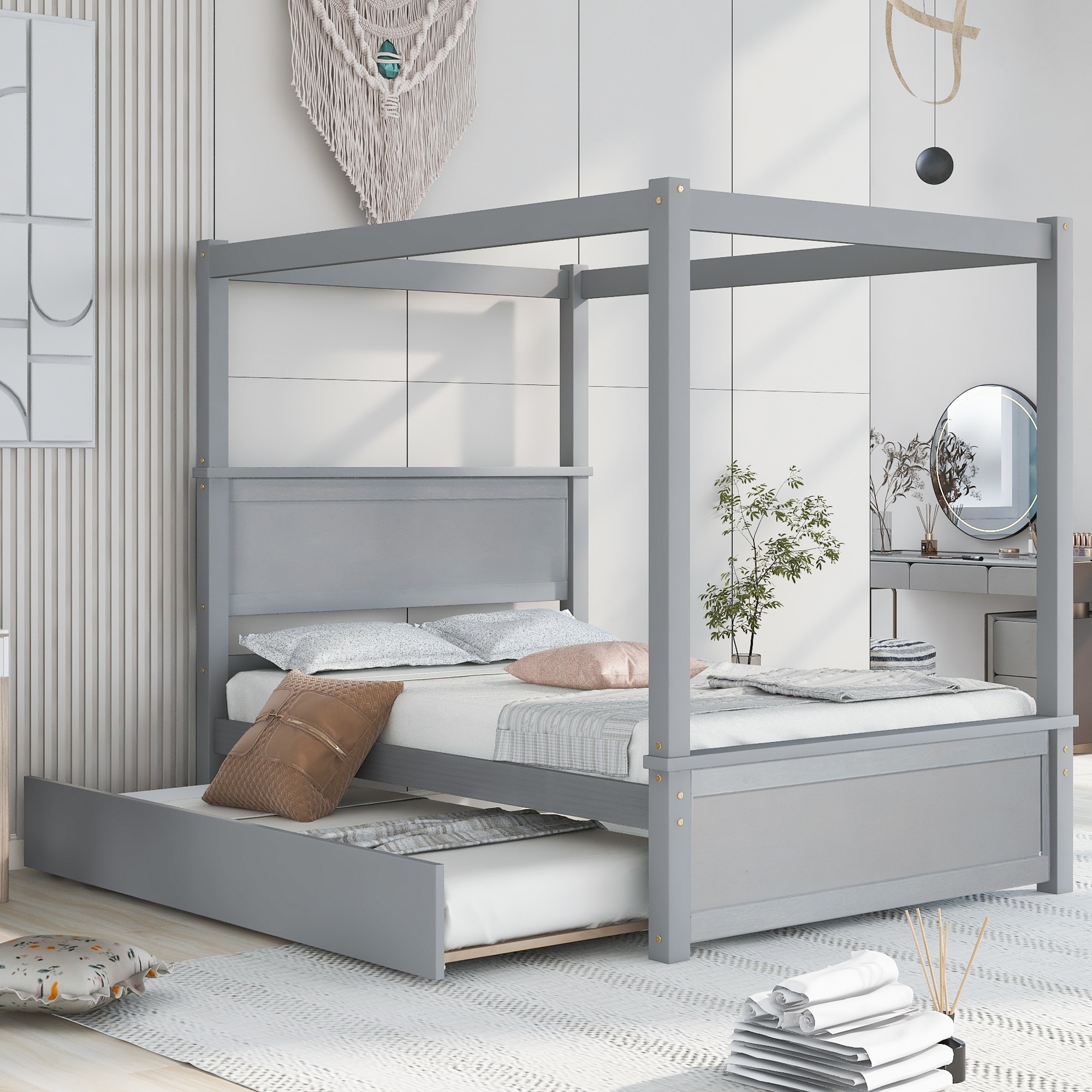 Full Size Canopy Bed With Trundle Bed  Wooden Four-poster Canopy Platform Bed Frame With Support Slats  Full Floor Bed  Grey