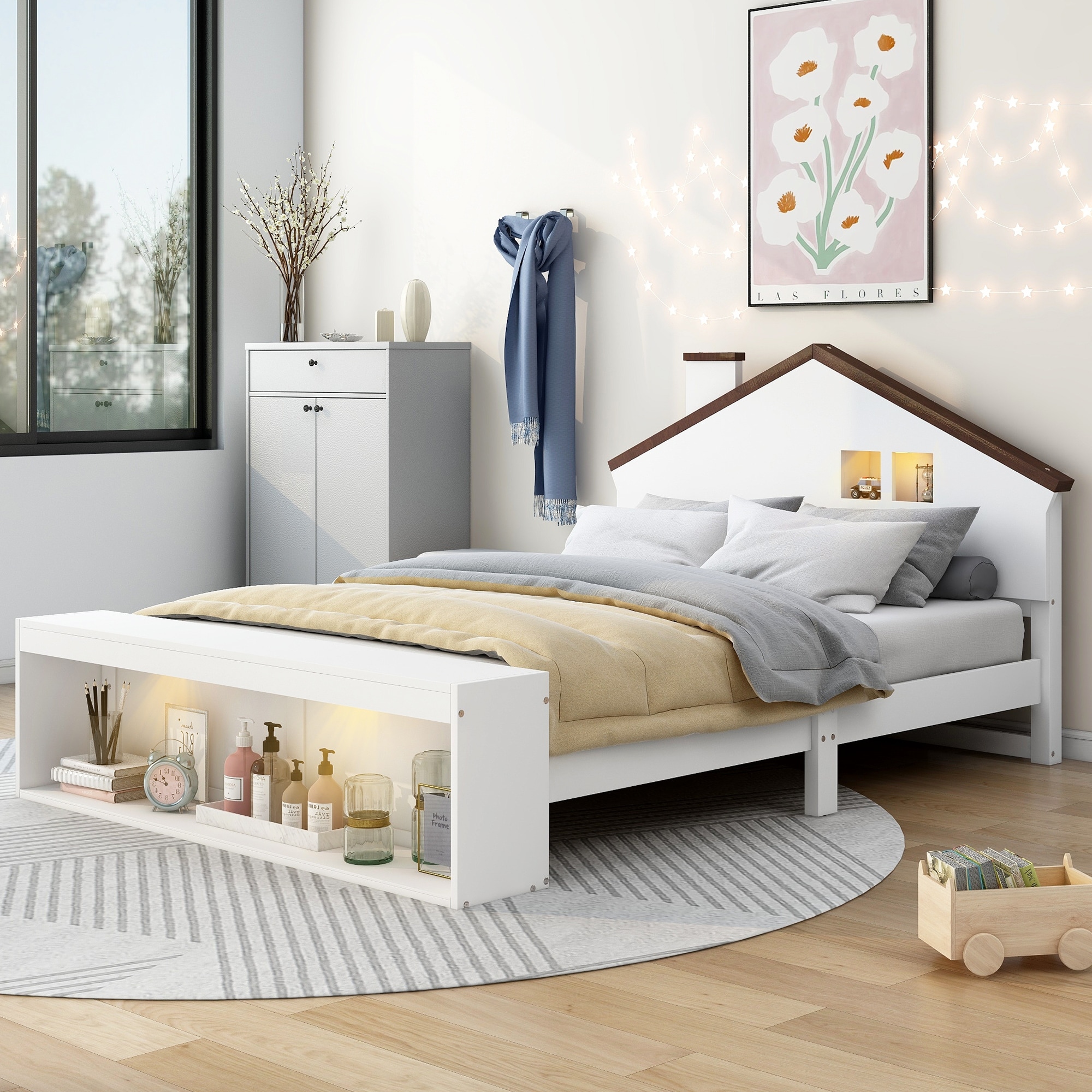 Full Size House Platform Bed With Led Lights And Storage