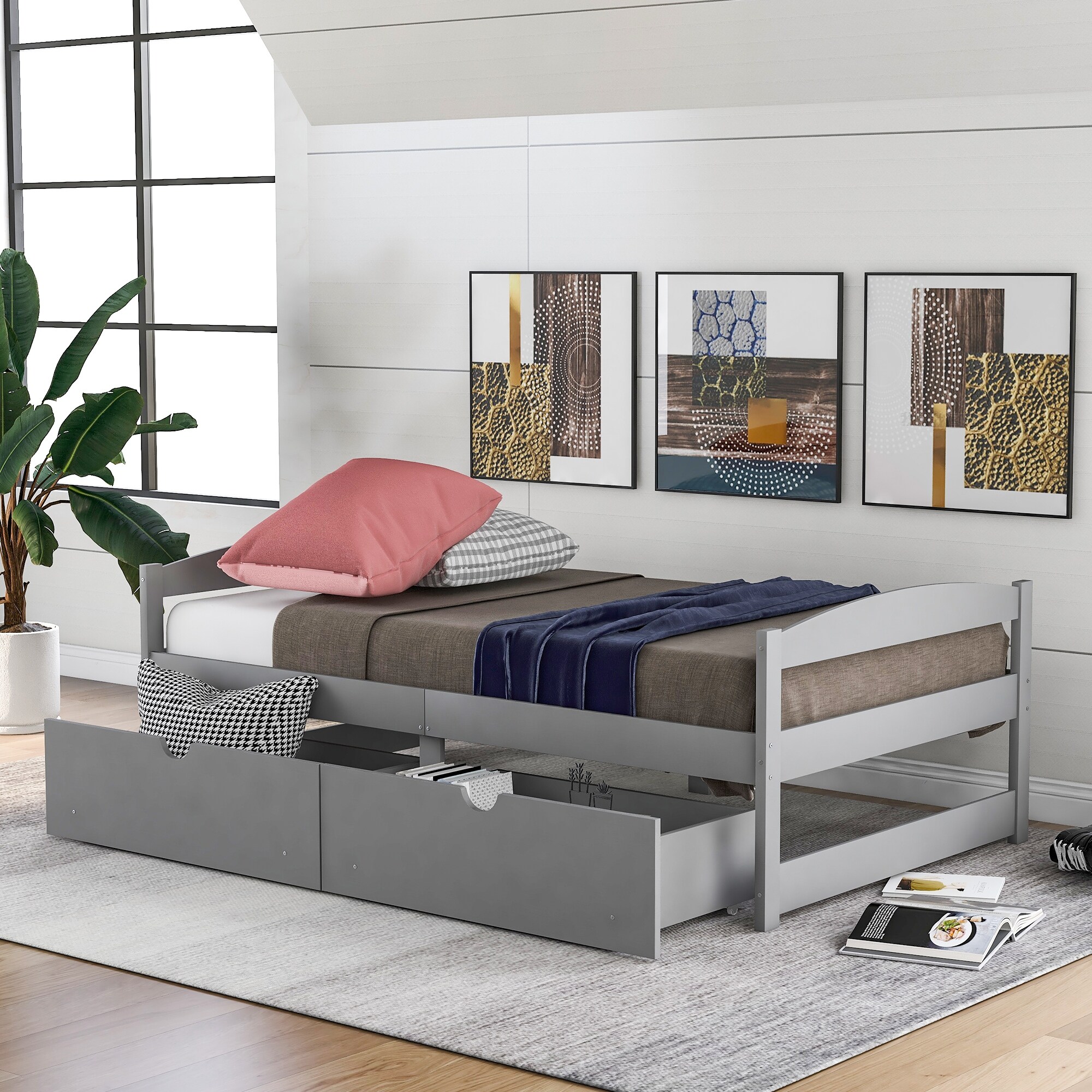 Merax Twin Size Platform Bed Wooden Daybed With Two Drawers  Easy Assembly  No Box Spring Needed  Gray