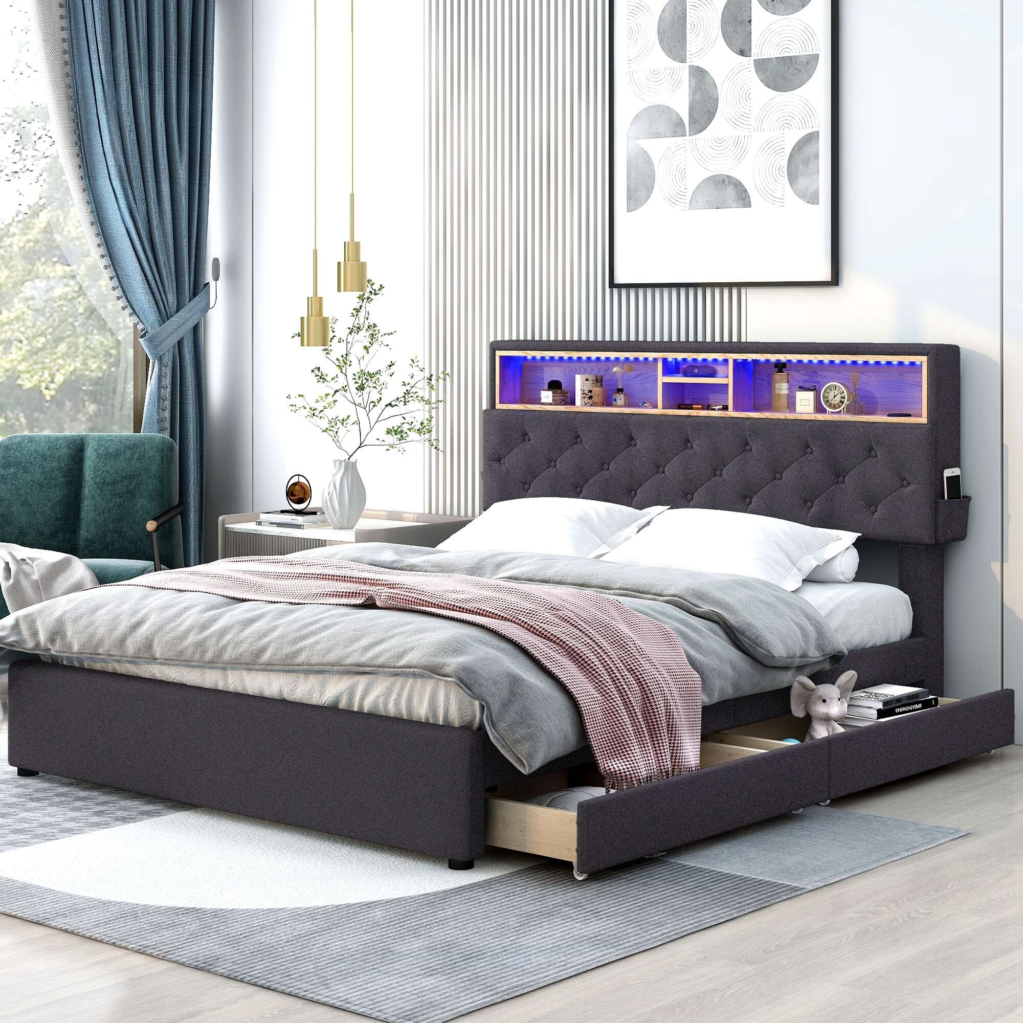 Upholstered Platform Bed With Usb Charging And 2 Drawers