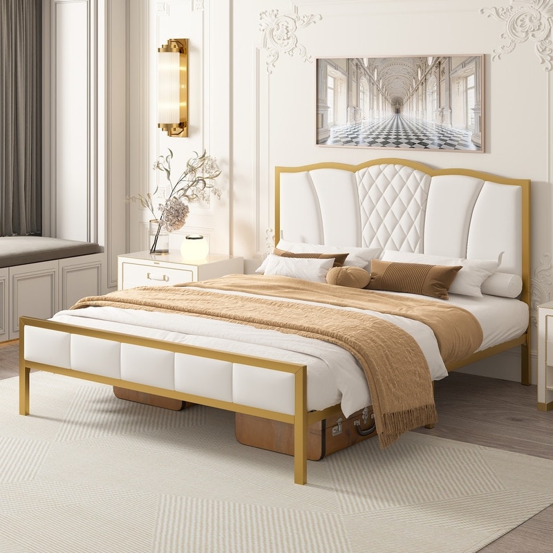 Queen Size Bed Frame  Modern Upholstered Bed Frame With Tufted Headboard  Golden Metal Platform Bed Frame With Wood Slat Support