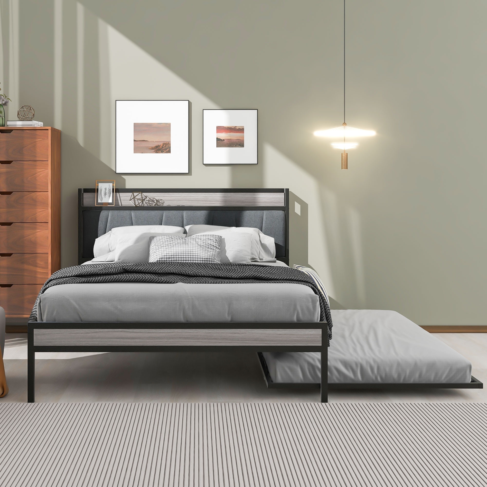 Modern and Rustic Metal Platform Bed Frame With Twin Trundle and Upholstered Headboard