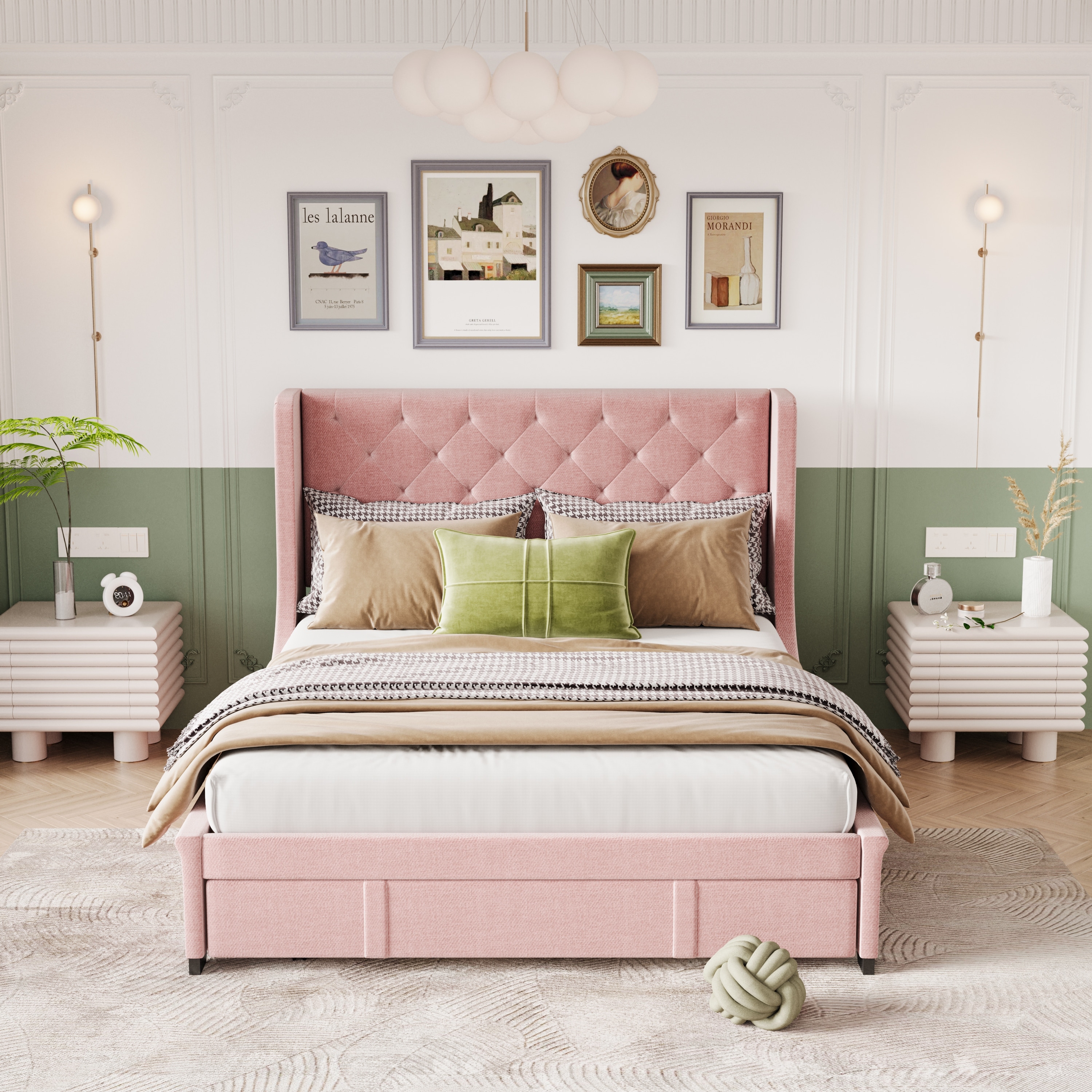 Queen Size Storage Bed Velvet Upholstered Platform Bed With Wingback Headboard And A Big Drawer