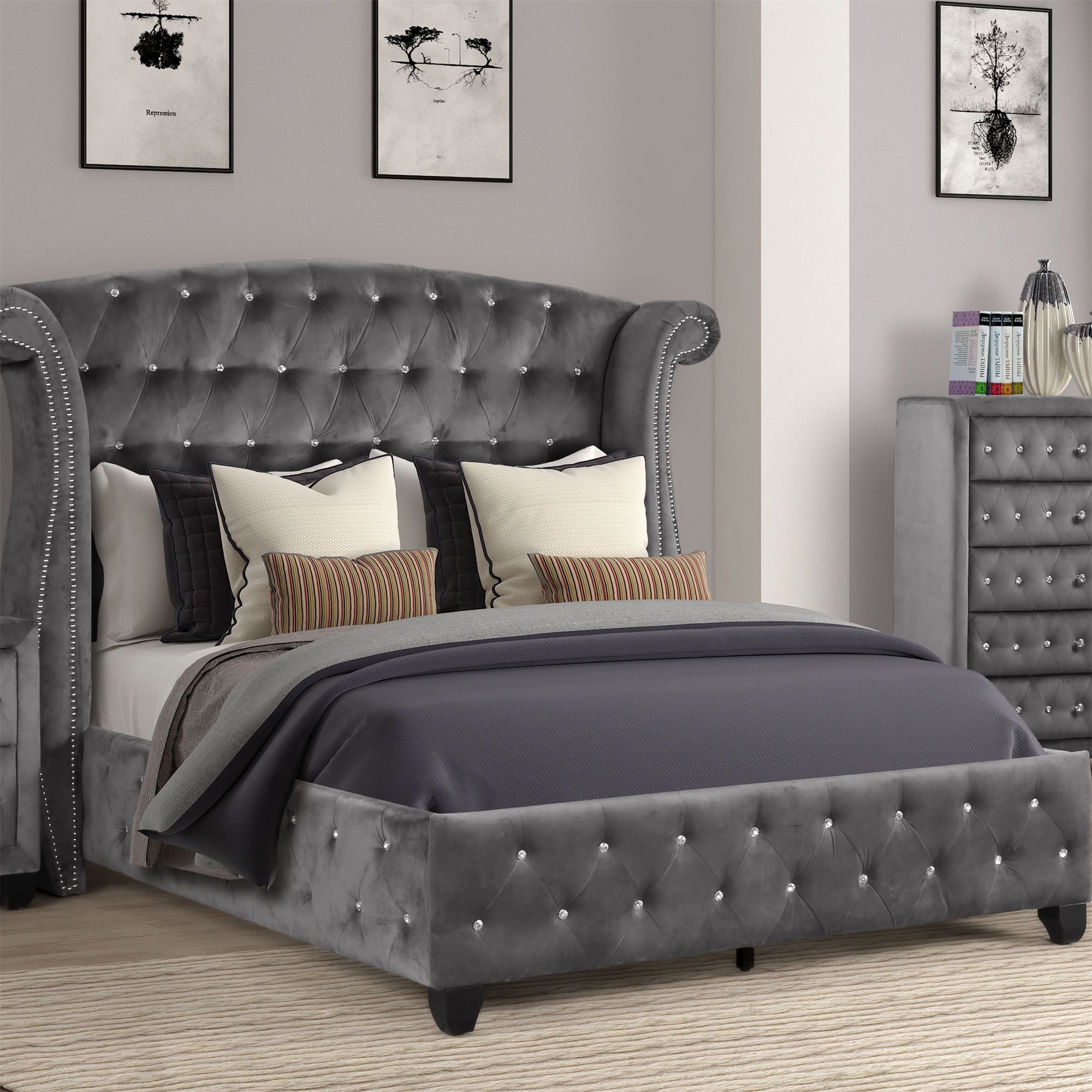 Royalty Queen Bed Button Tufted Upholstered Rockstar  No Mattress