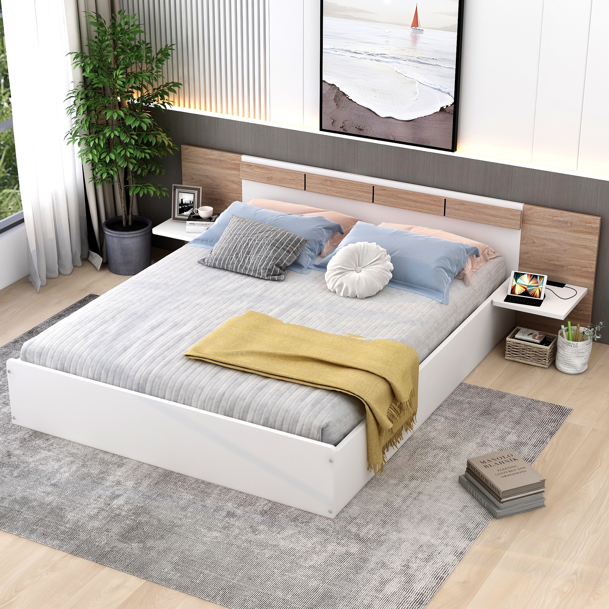Queen Size Platform Bed With Headboard  Storage Shelves  Usb Ports And Sockets  Wood Queen Bed Frame  No Box Spring Needed