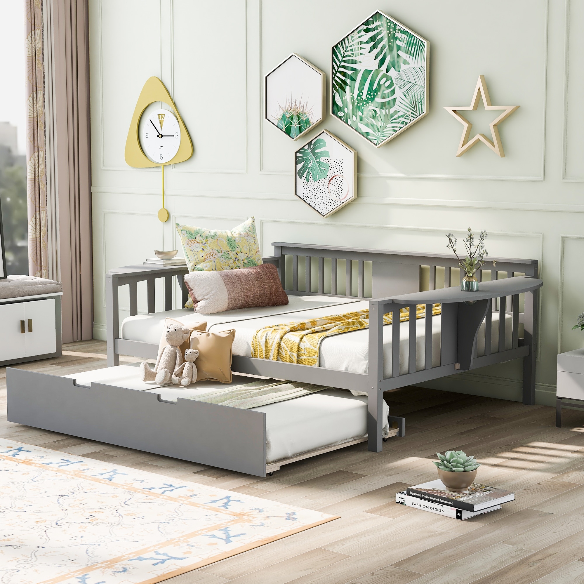 Dual-use Full Sofabed Daybed With 1 Twin Trundle  Rails And 2 Extra Connected Small Coffee Table Shelf  Grey