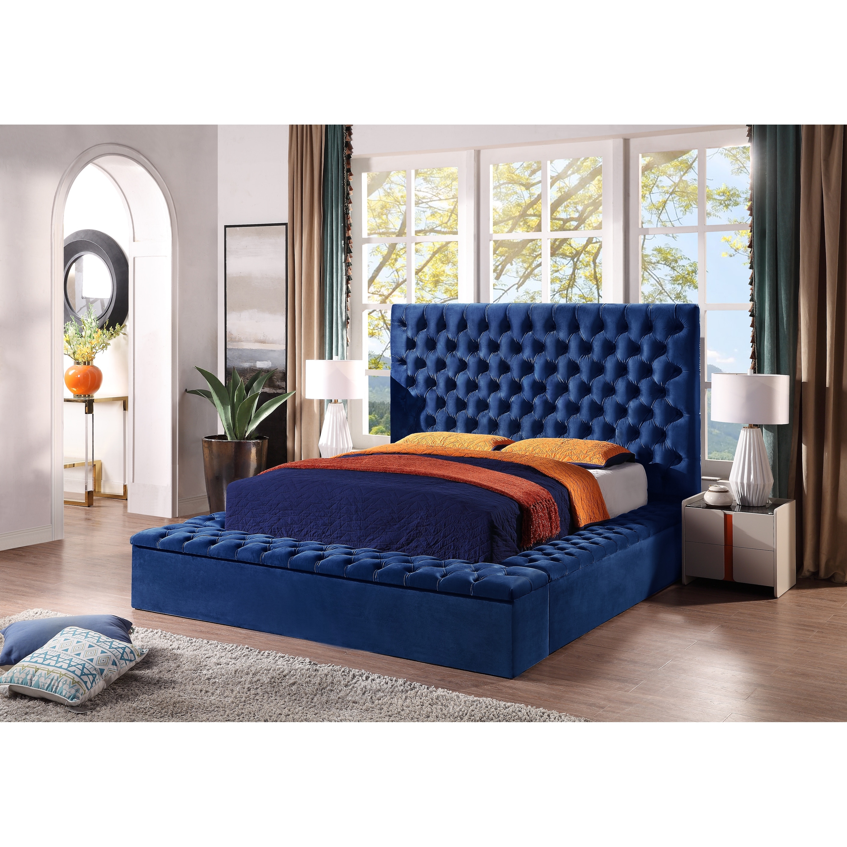 Contemporary Velvet Upholstered Bed With Storage Locker  Deep Button Tufting  Solid Wood Frame  High-density Foam