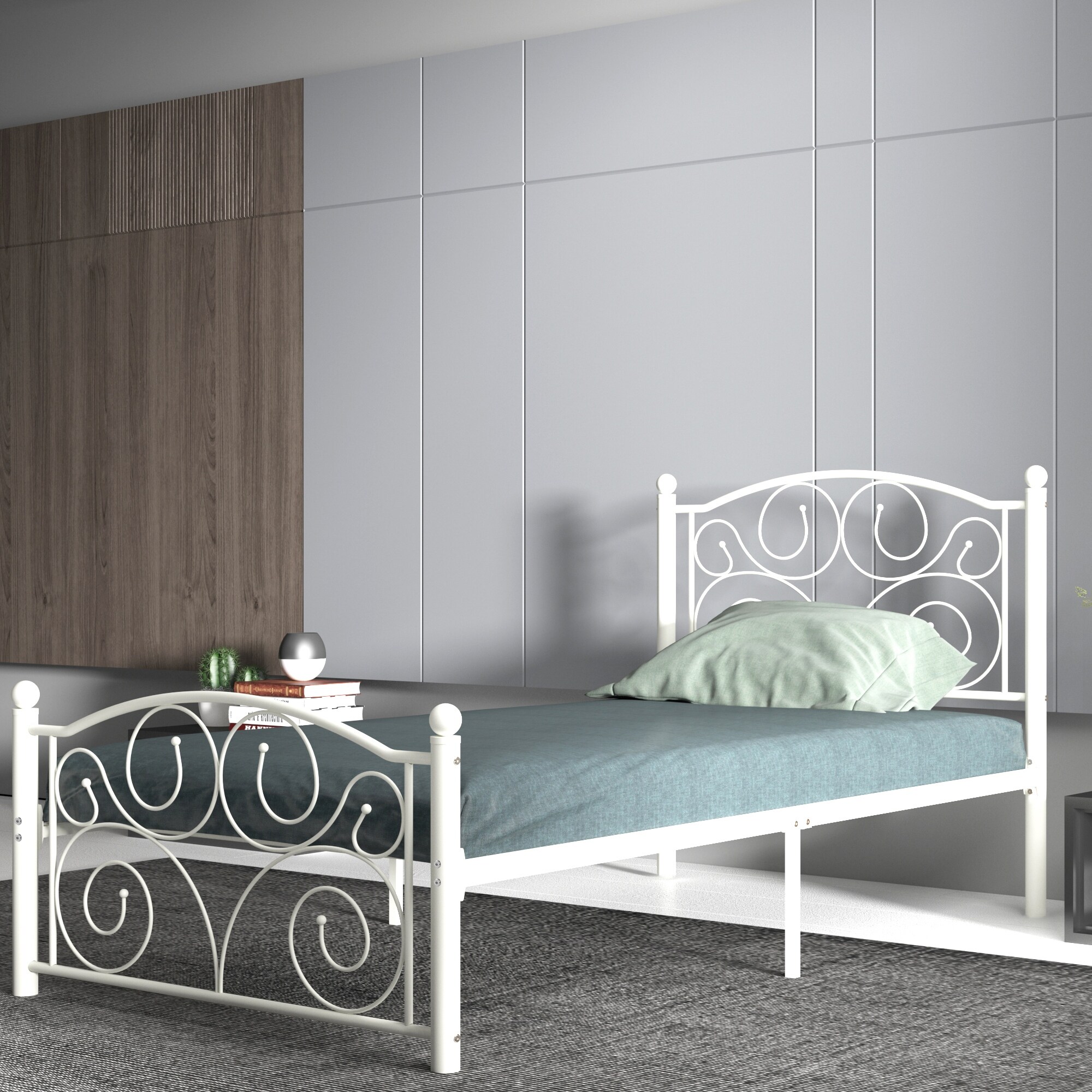 Metal Bed Frame With Flower Pattern Headboard And Footboard  Supported By Durable Steel Slats  Queen Size
