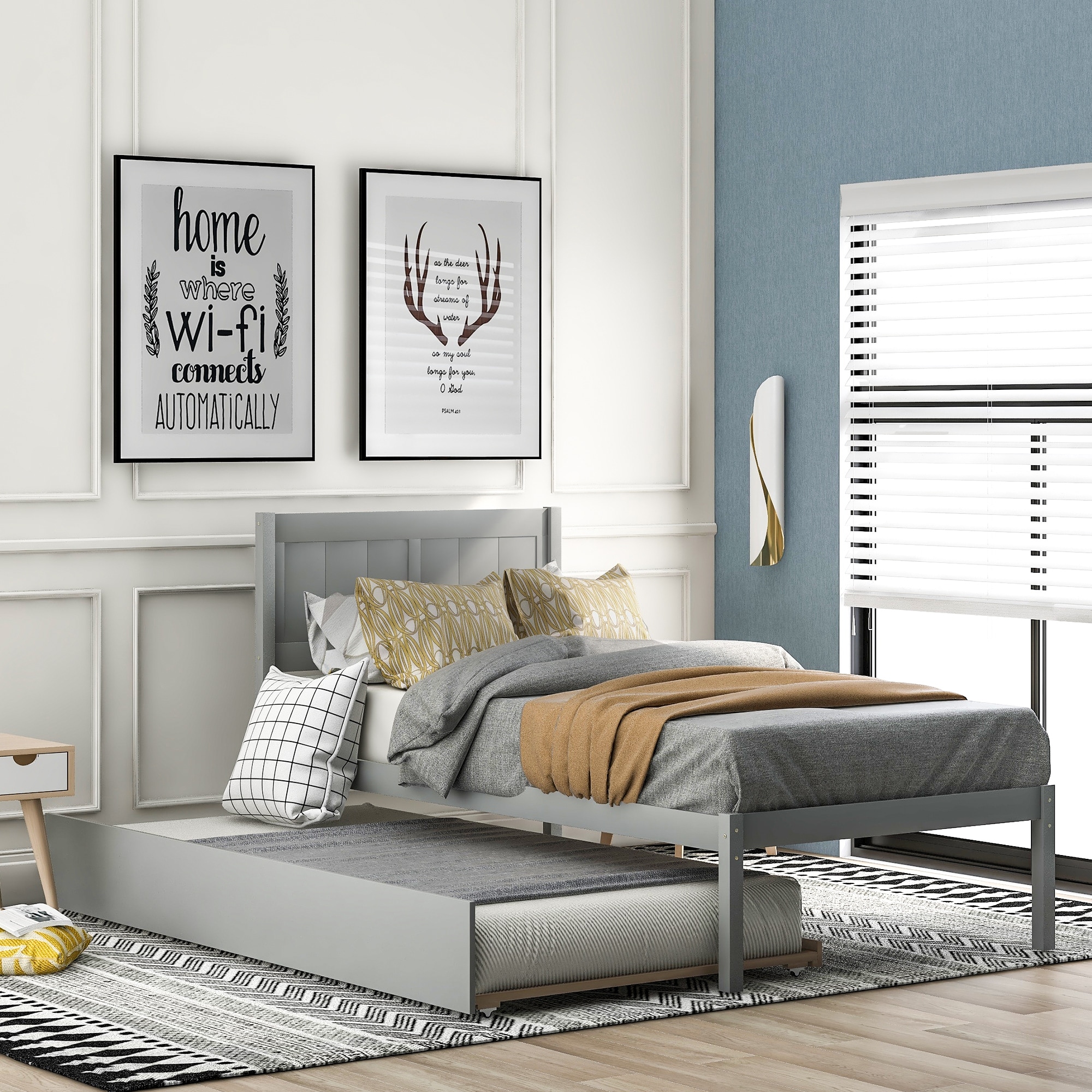 Modern Minimalist Design Twin Size Gray Platform Bed Wood Platform Bed With Trundle And High Quality Pine Wood For Bedroom