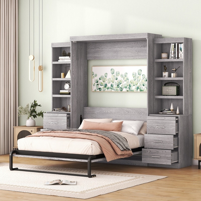 Full Size Murphy Bed With Storage Shelves And Drawers  Grey