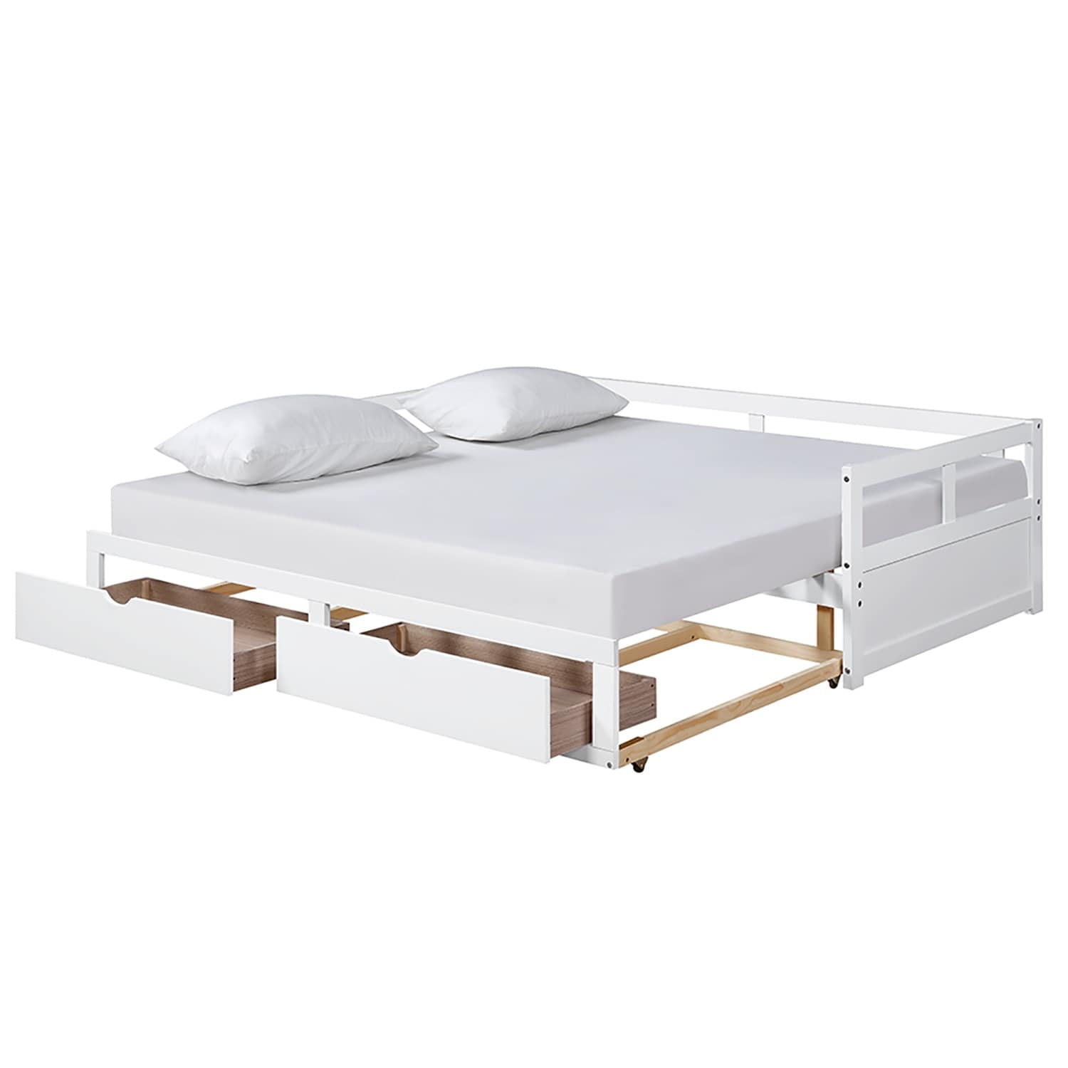 Twin Wooden Daybed With 1 Trundle And 2 Storage Drawers  Extendable Bed Daybed  Sofa Bed For Bedroom Living Room  White