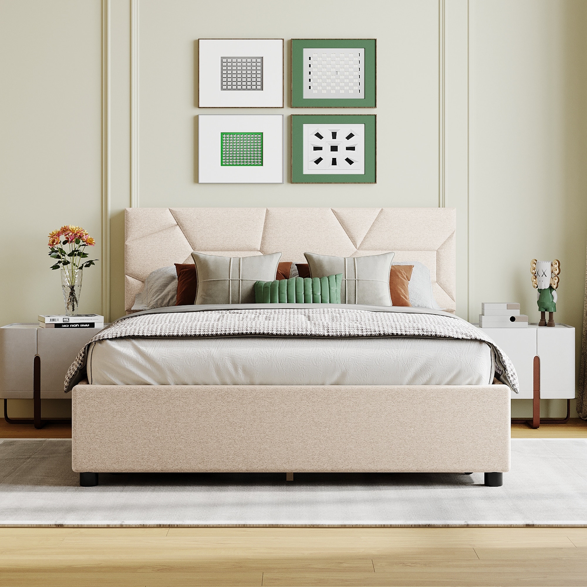 Full Upholstered Platform Bed With Brick Pattern Heardboard and 4 Drawers