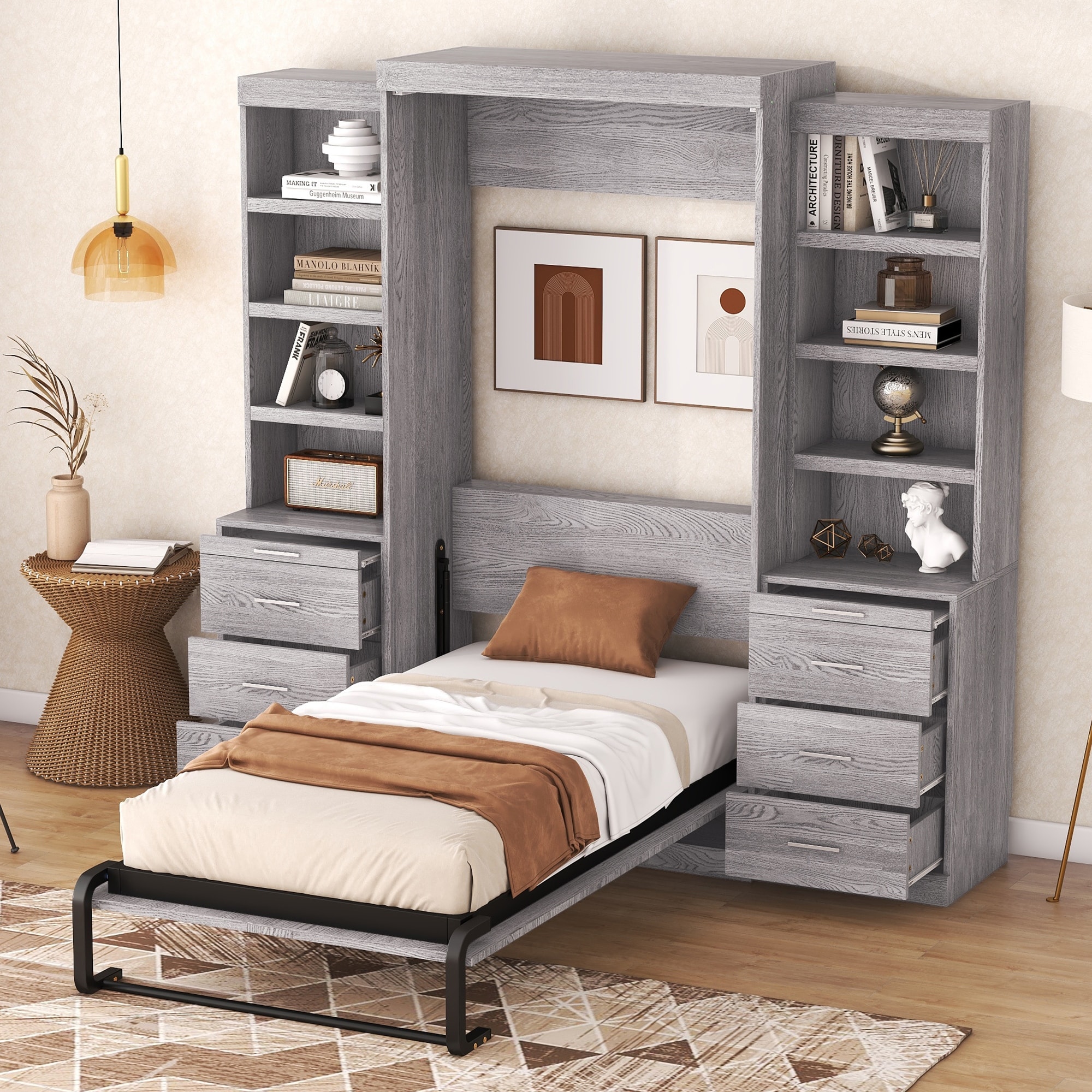 Twin Size Murphy Bed With Storage Shelves And Drawers  Gray