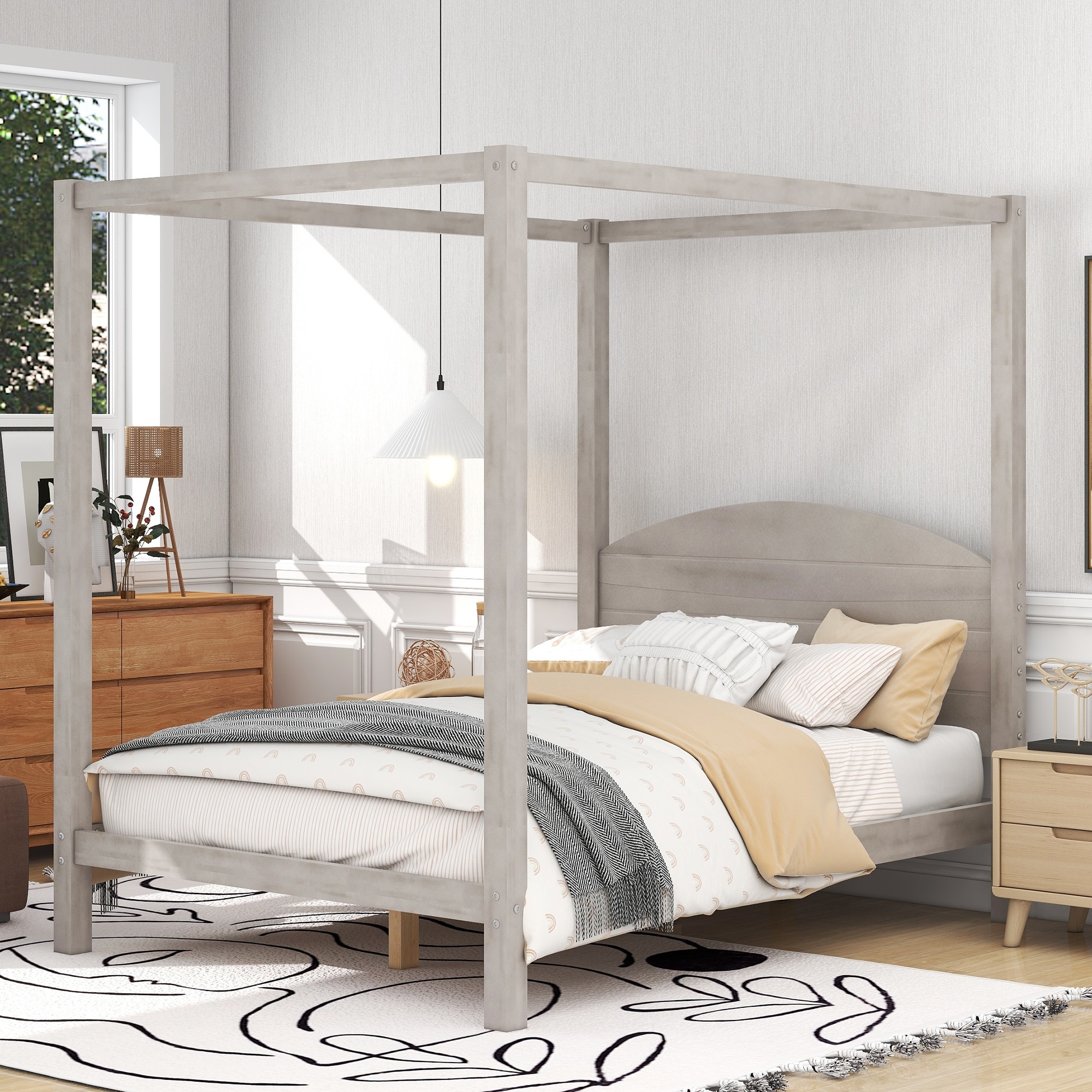 Full Size Canopy Platform Bed With Headboard And Support Legs