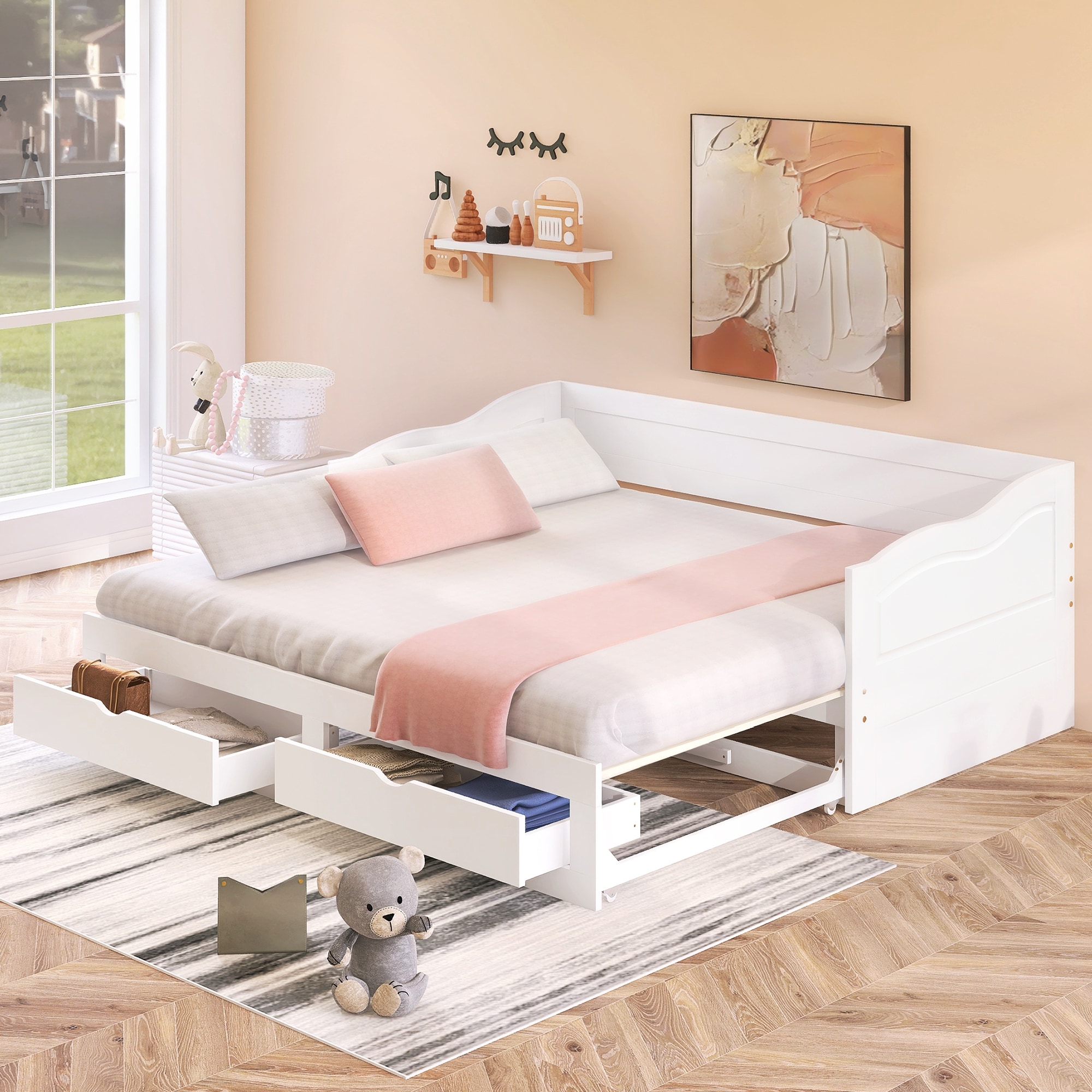 Extendable Design Wooden Daybed With Trundle Bed And Two Storage Drawers