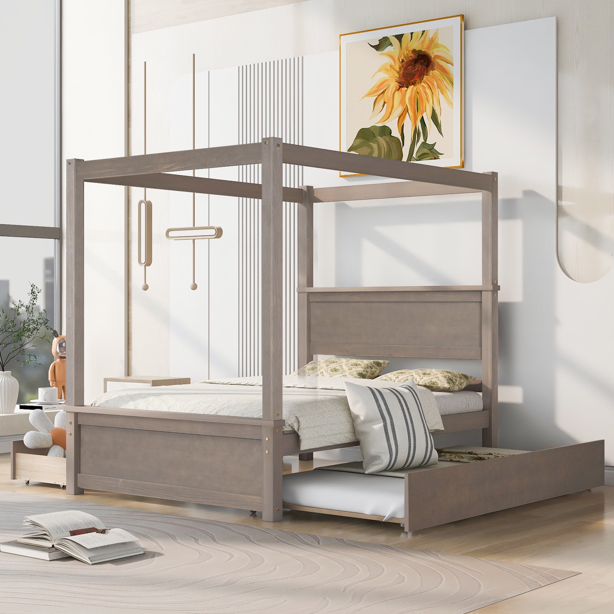 Wood Canopy Platform Bed With Trundle Bed And Two Drawers