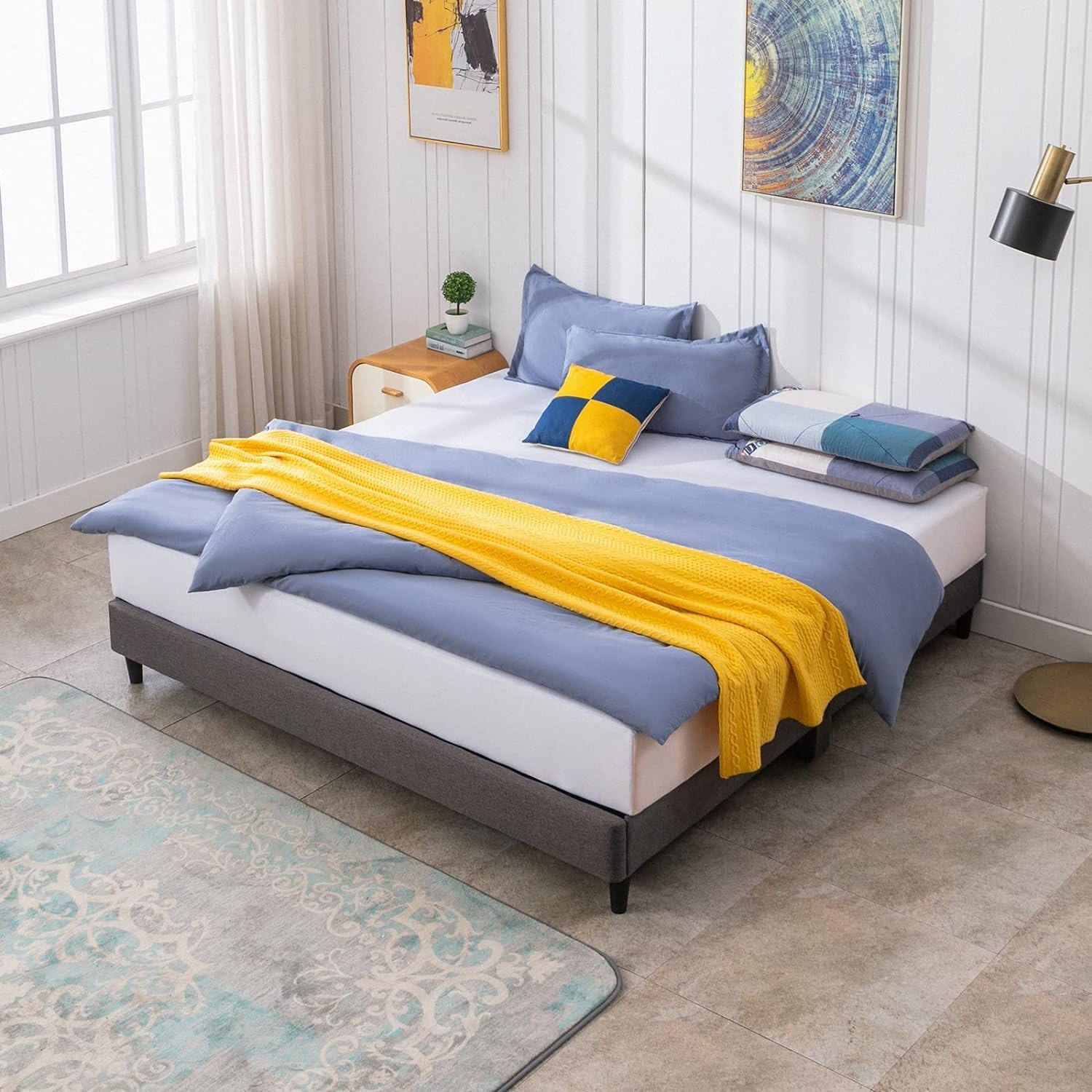 Mixoy Wooden Bed Frame linen Platform Bed Frame With Wood Slat Support