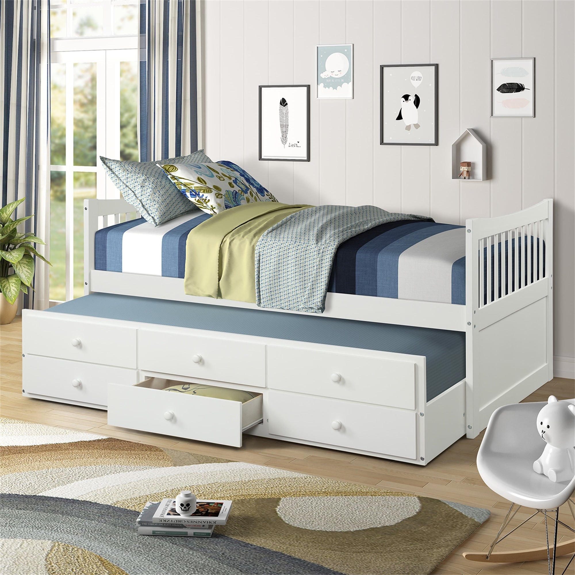 Bed With Trundle And 3 Storage Drawers (twin Size  White)