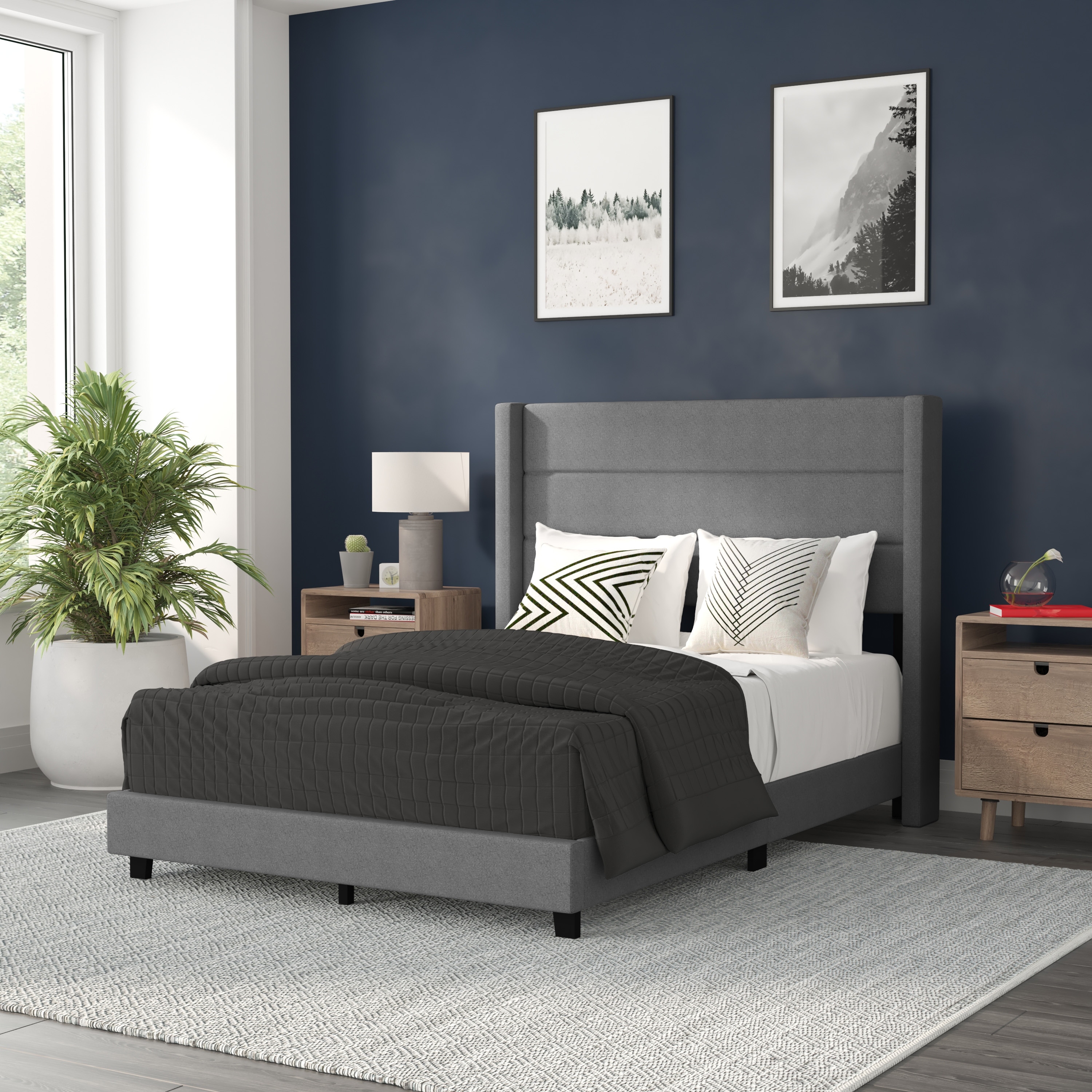 Upholstered Platform Bed With Wingback Headboard