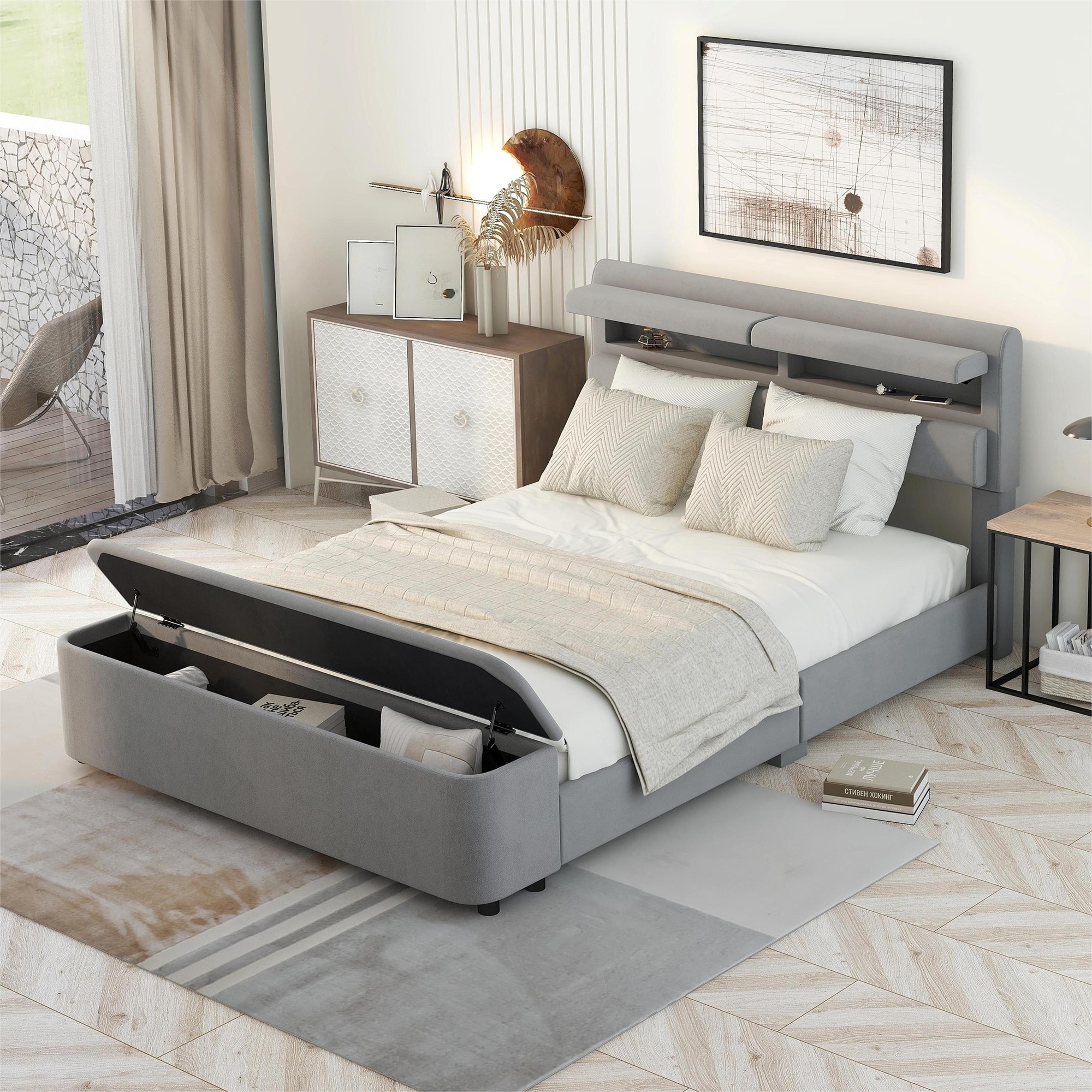 Full Size Upholstered Platform Bed With Storage Headboard And Storage Bench