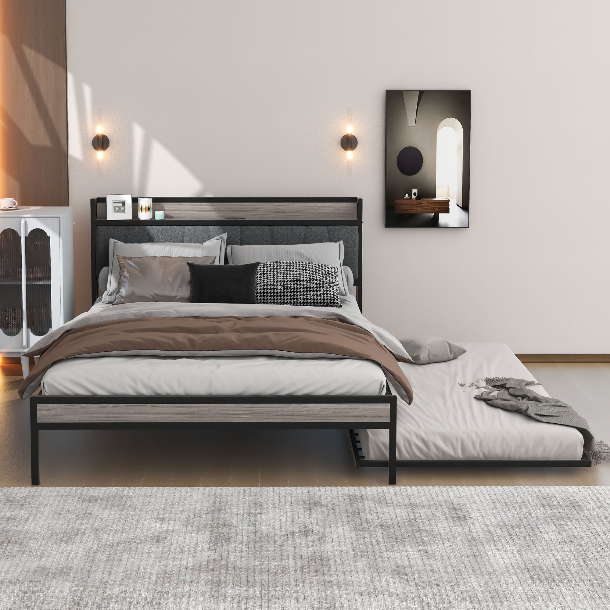 Queen Modern and Rustic Metal Platform Bed Frame With Twin Trundle and Upholstered Headboard  Black