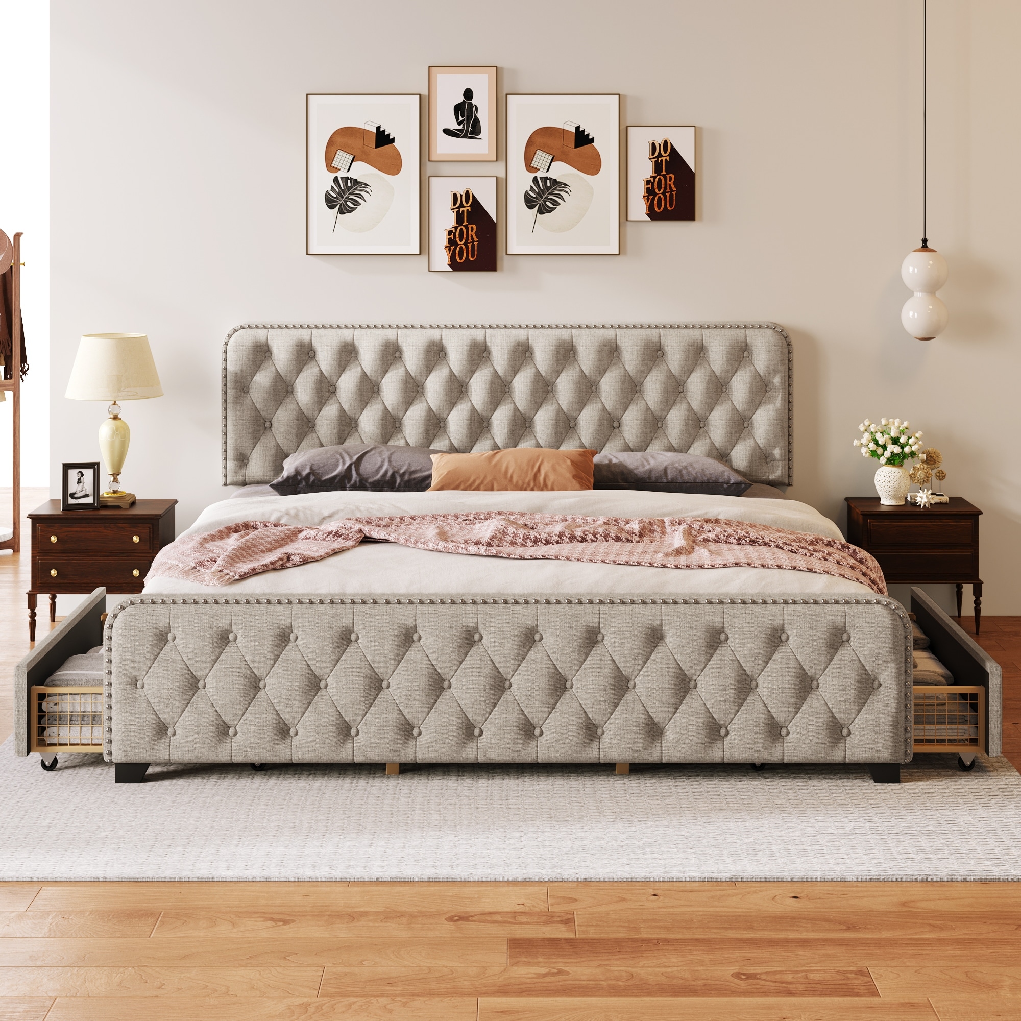 King Size Upholstered Platform Bed Frame With Four Drawers button Tufted Headboard And Footboard