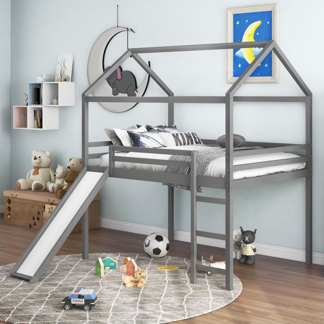 Grey Full Size Loft Bed With Slide House Bed With Slide