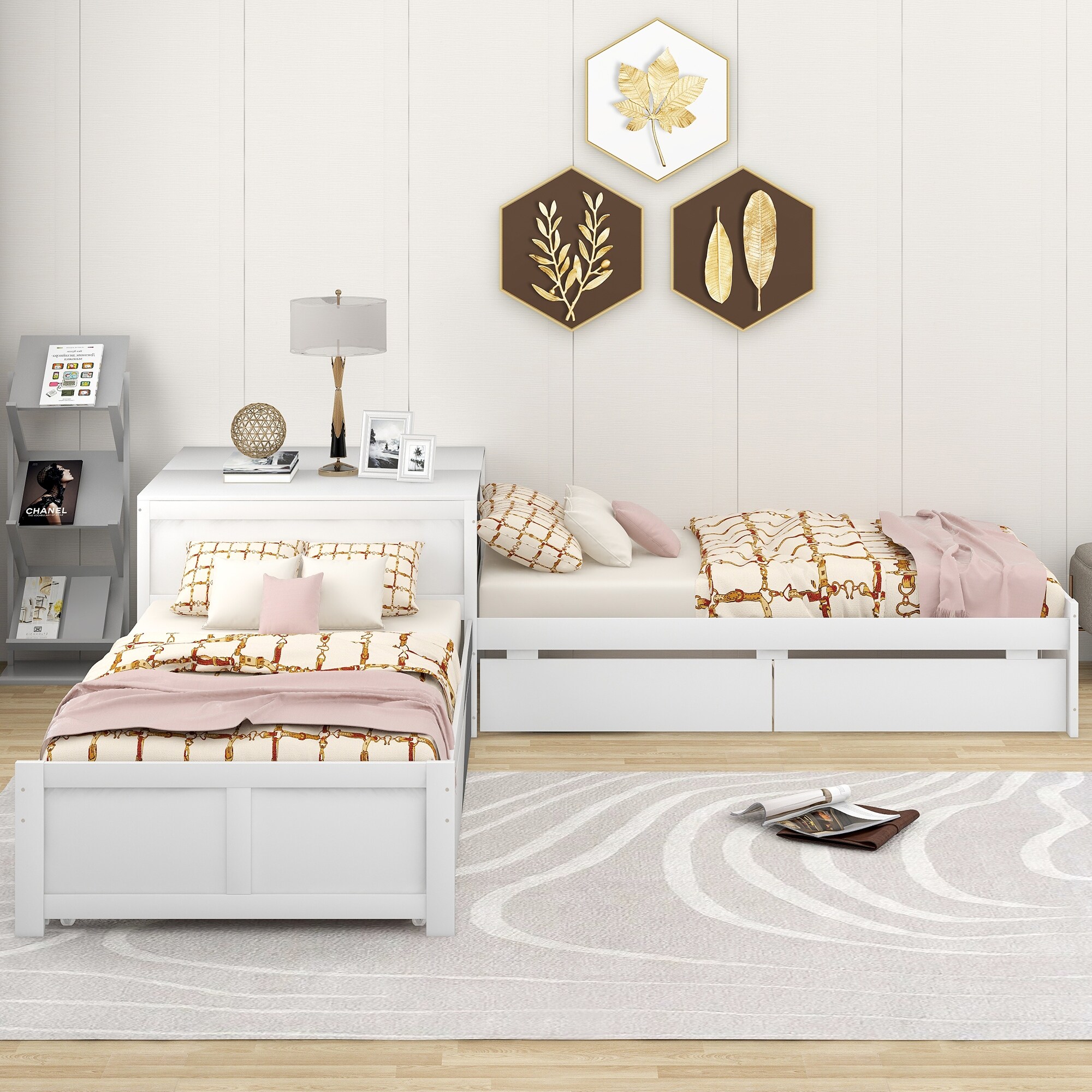 Gray L-shaped Platform Twin Bed With Table  Drawer And Trundle