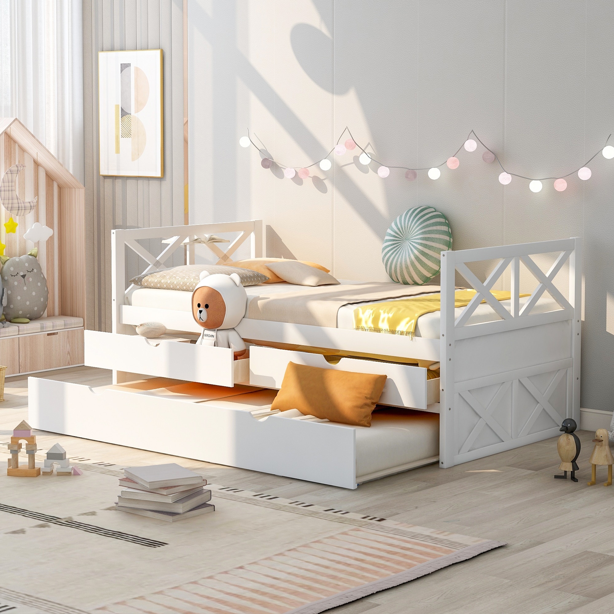 Rustic Style Twin Daybed With Drawers&trundle  Multi-functional Solid Pine Wood Bedframe For Kids Teens Bedroom Guestroom  White