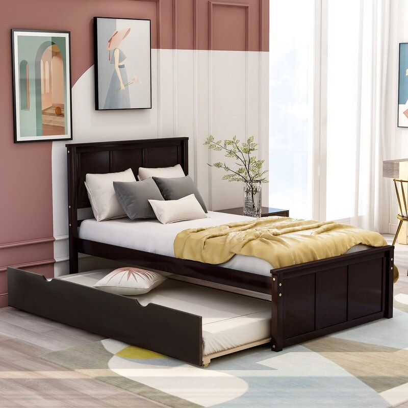 Wooden Twin Size Platform Bed With Twin Size Trundle