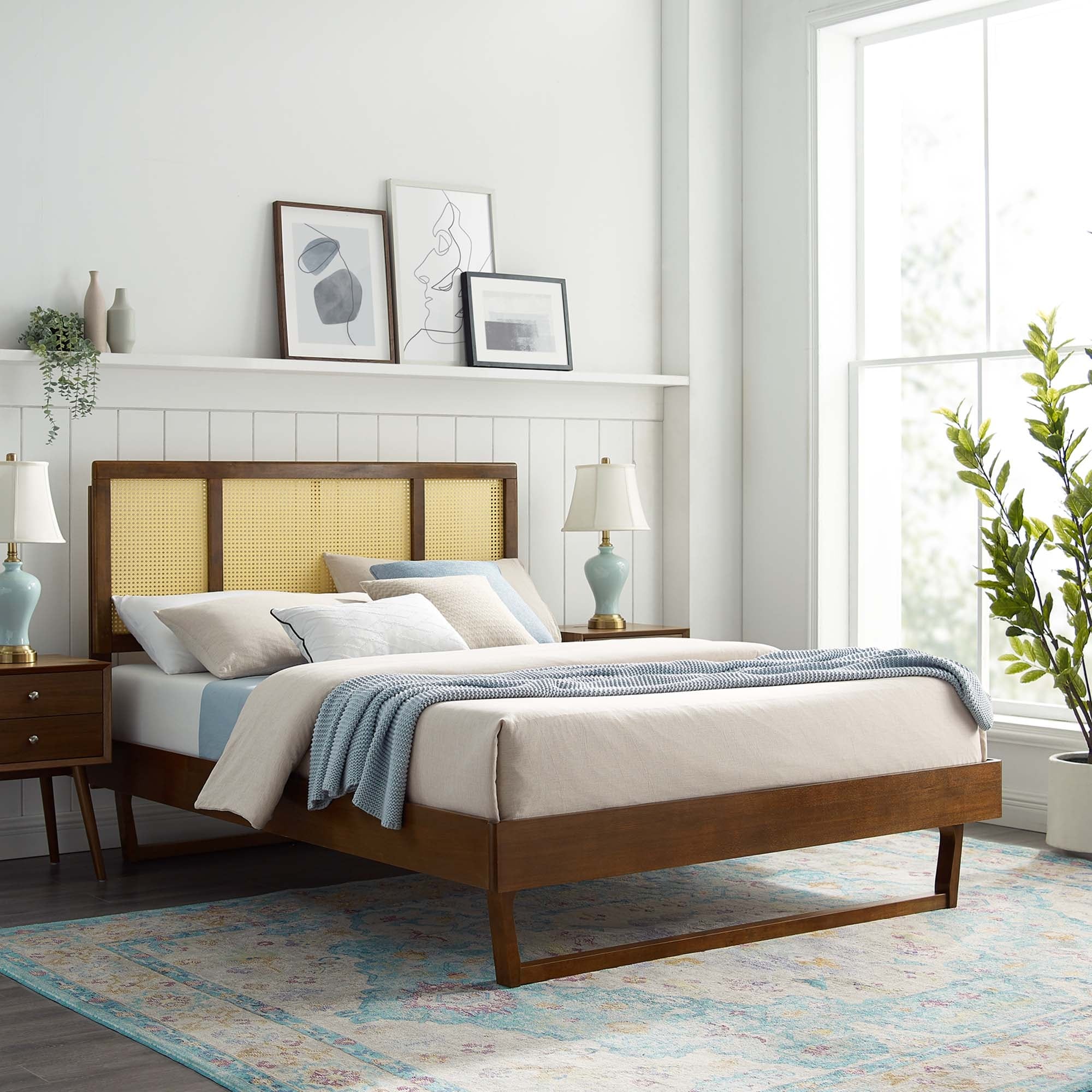 Kelsea Cane And Wood King Platform Bed With Angular Legs