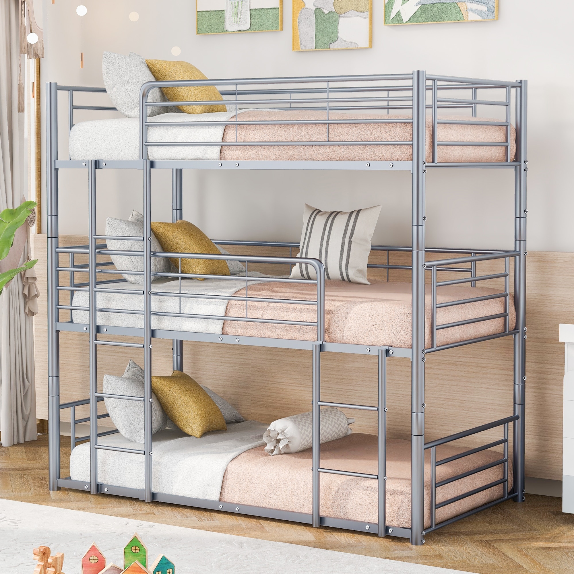 Twin-twin-twin Triple Bed With Built-in Ladder