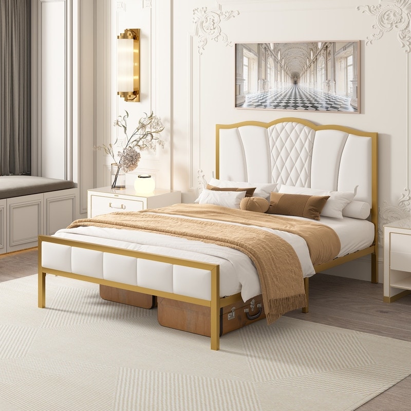2 Size Modern Noise Free Upholstered Bed Frame With Tufted Headboard  Golden Metal Platform Bed Frame With Wood Slat