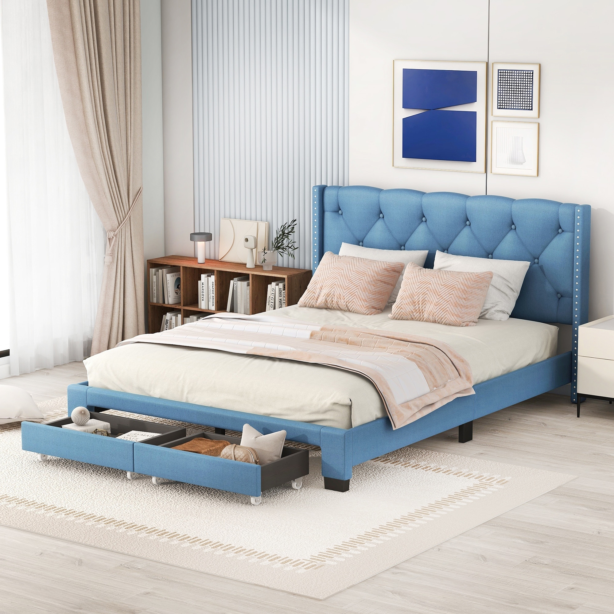 Queen Size Platform Bed Upholstered Bed Storage Bed With 2 Drawers  Blue