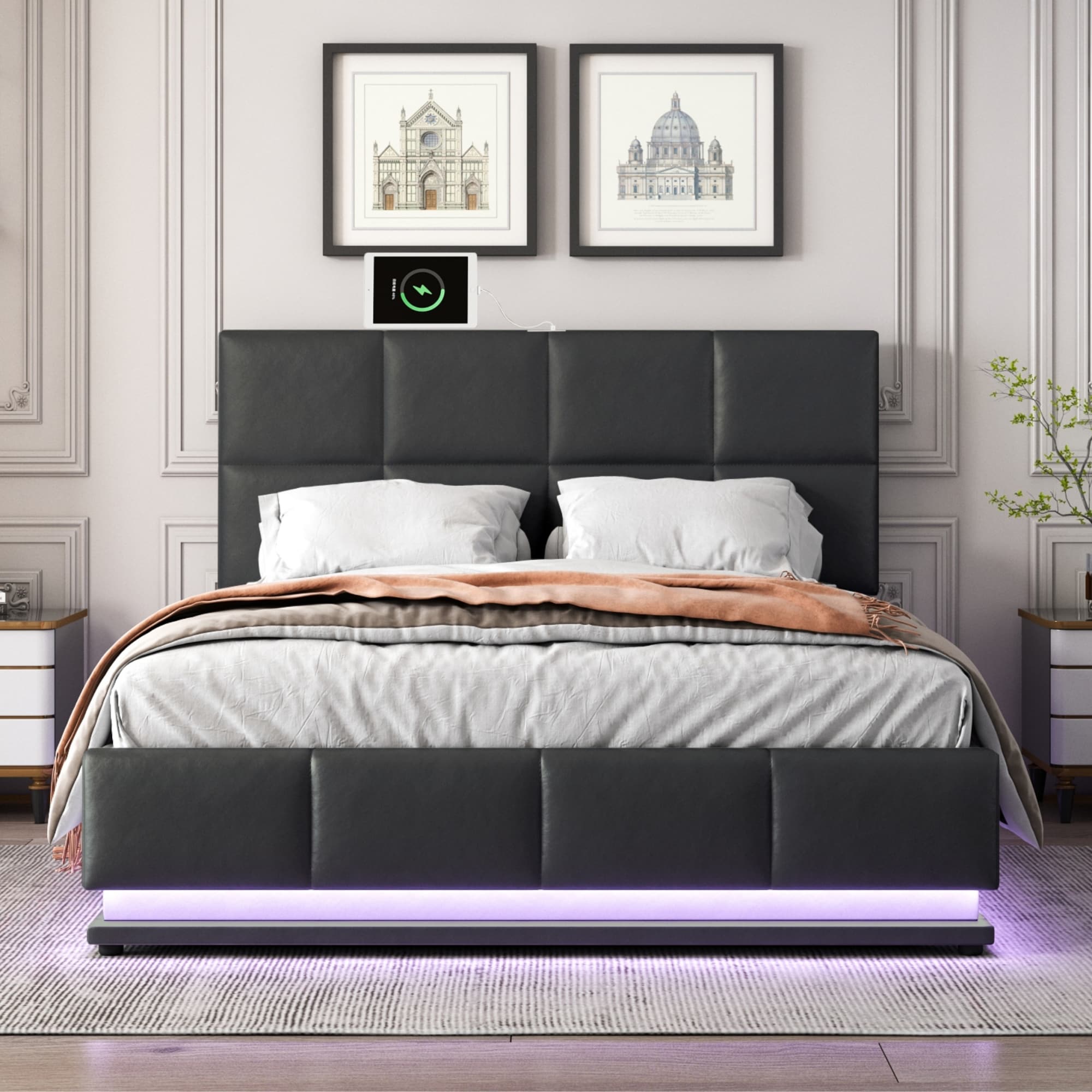 Modern Queen Size Tufted Upholstered Platform Bed With Hydraulic Storage System With Led Lights And Usb Charger