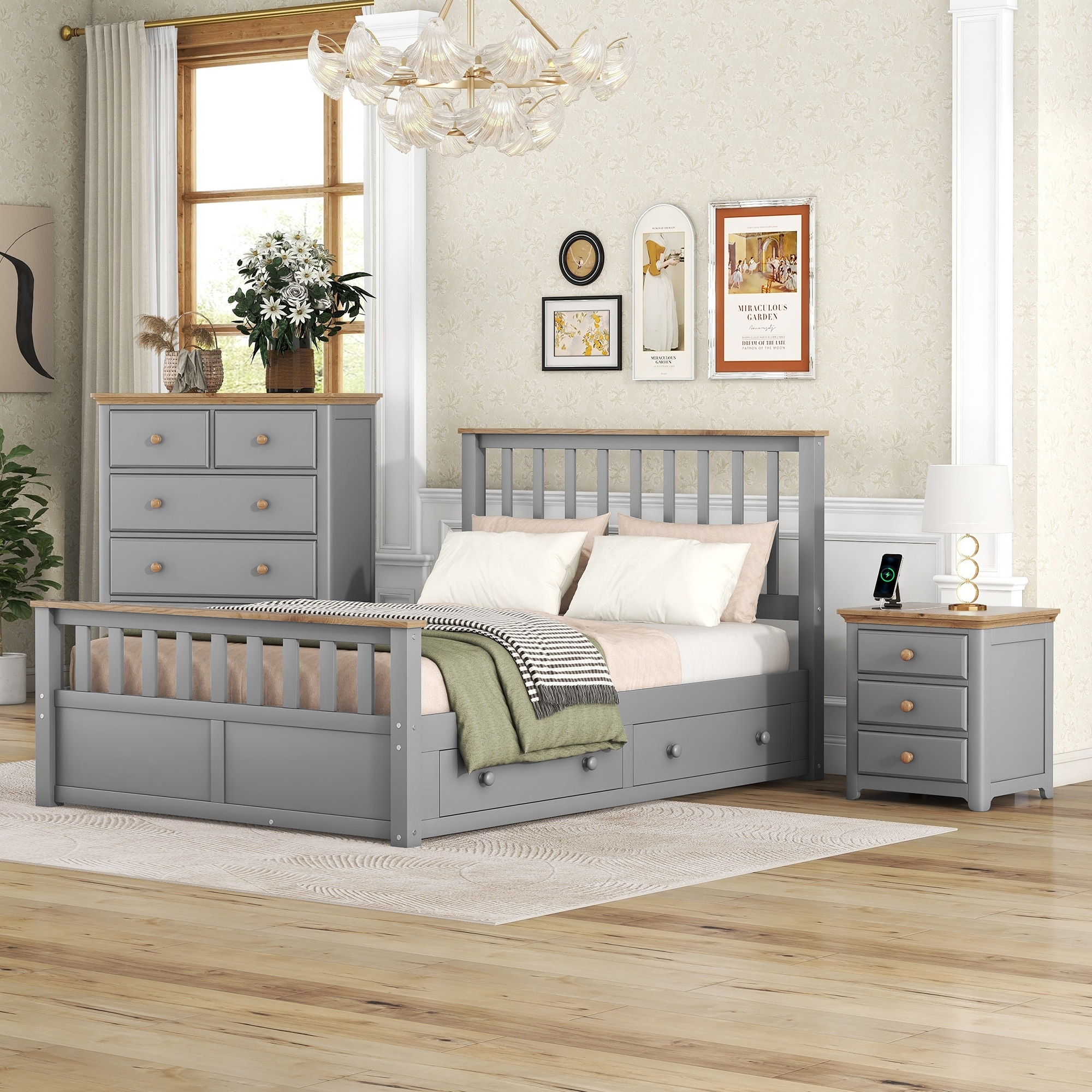 3-pieces Bedroom Sets Full Size Platform Bed With Nightstand(usb Charging Ports) And Storage Chest