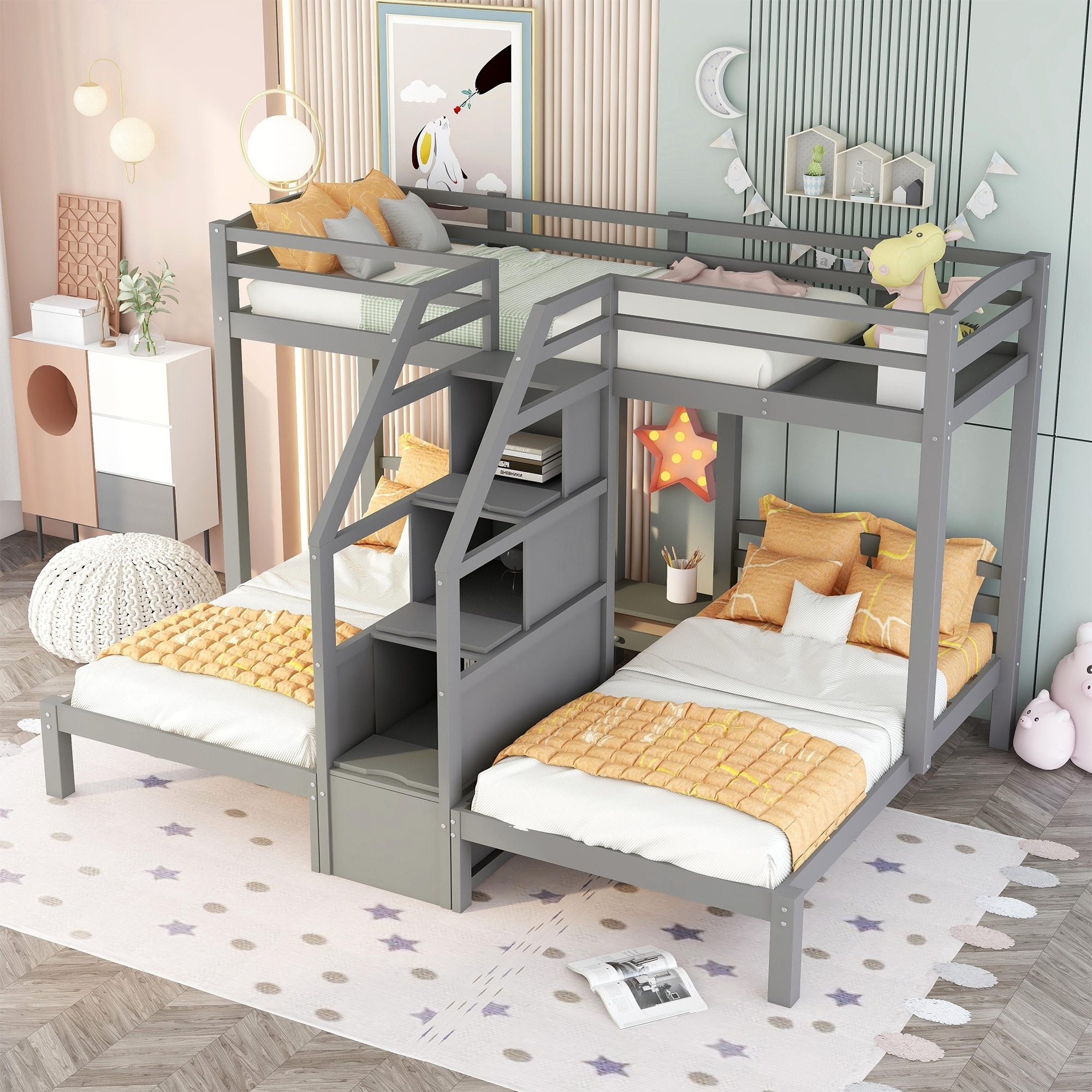 Twin Over Twin and Twin Bunk Bed With Built-in Staircase And Storage Drawer