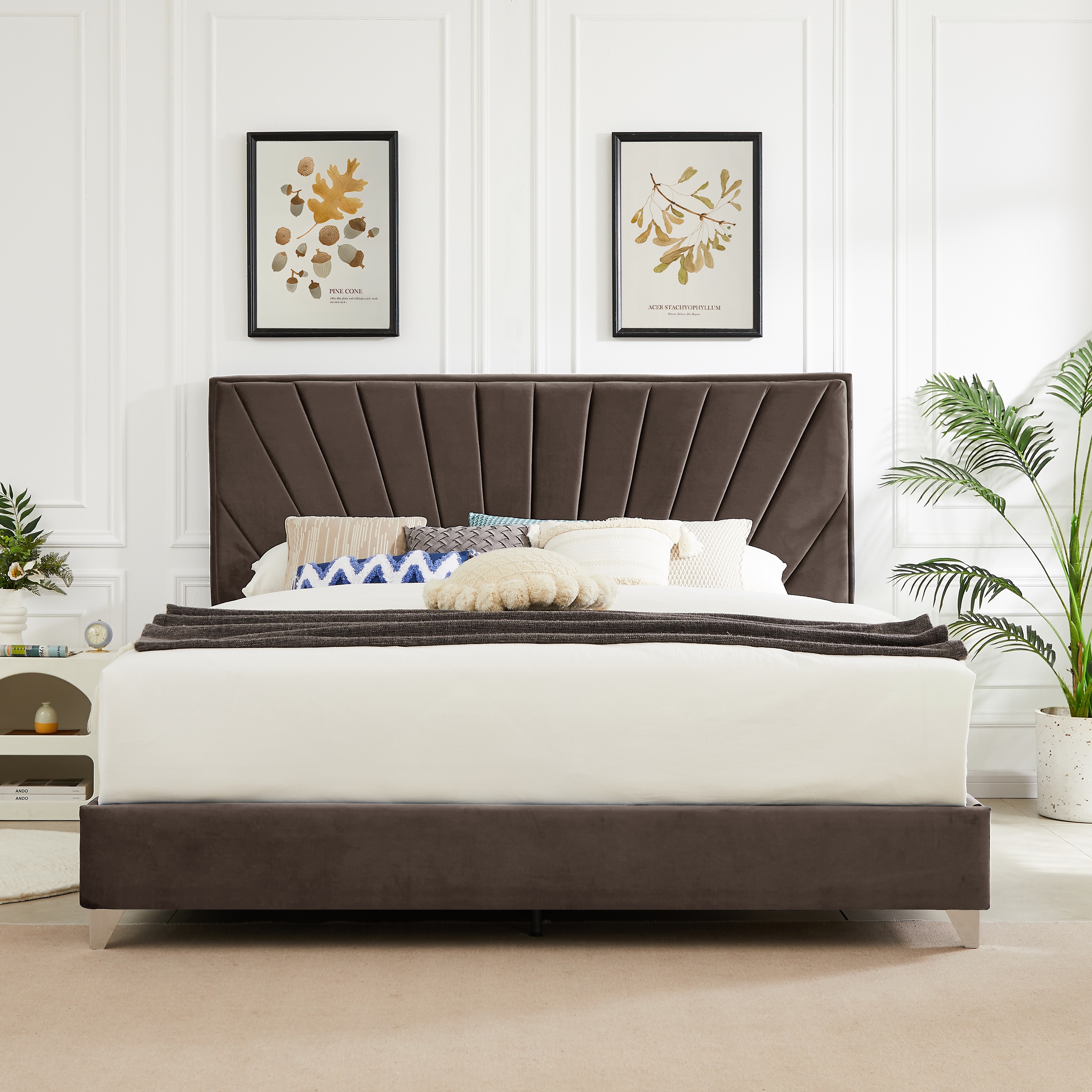 Full Platform Bed Modern Stripe Flannelette Soft Cloth Upholstered Headboard