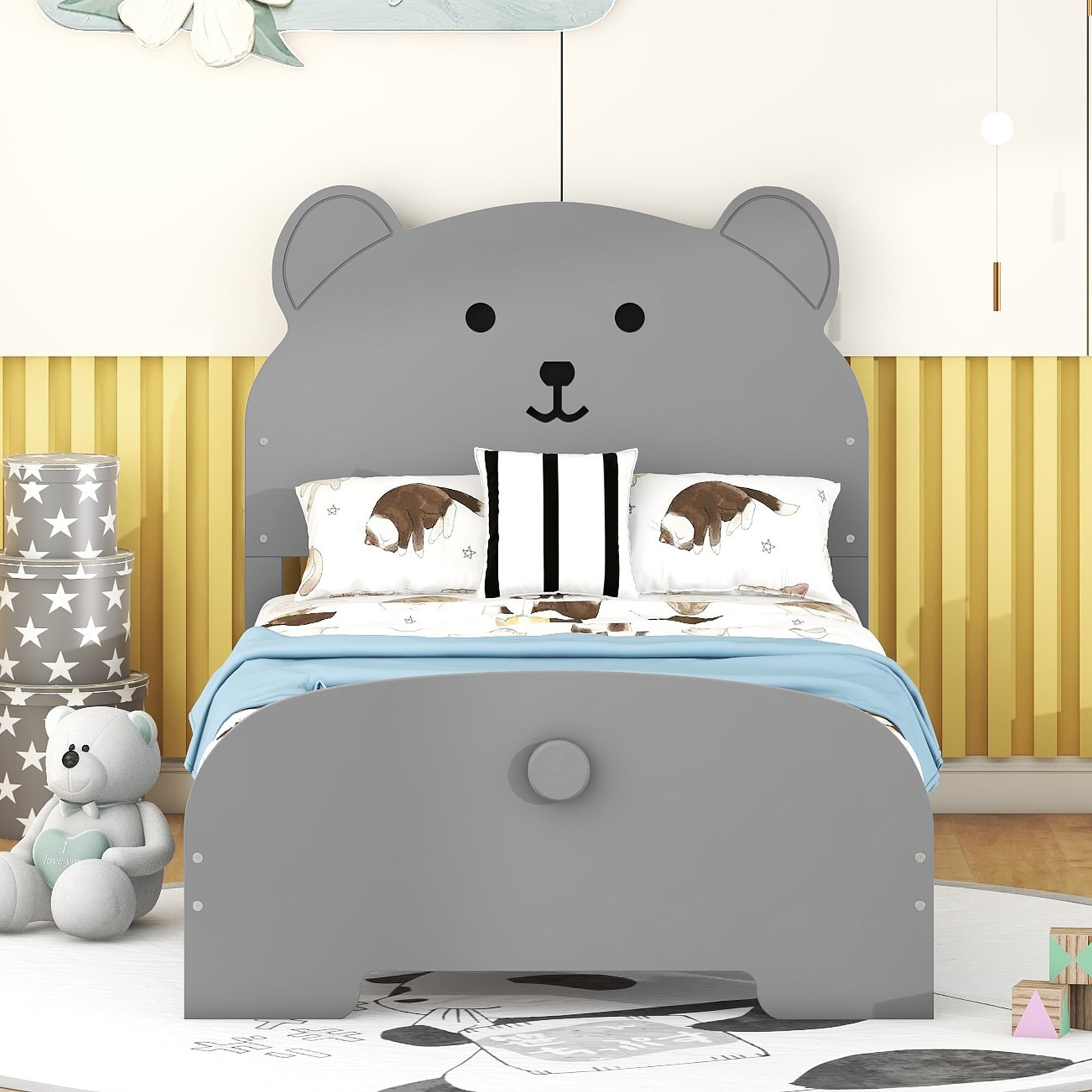 Twin Size Wood Platform Bed With Bear-shaped Headboard