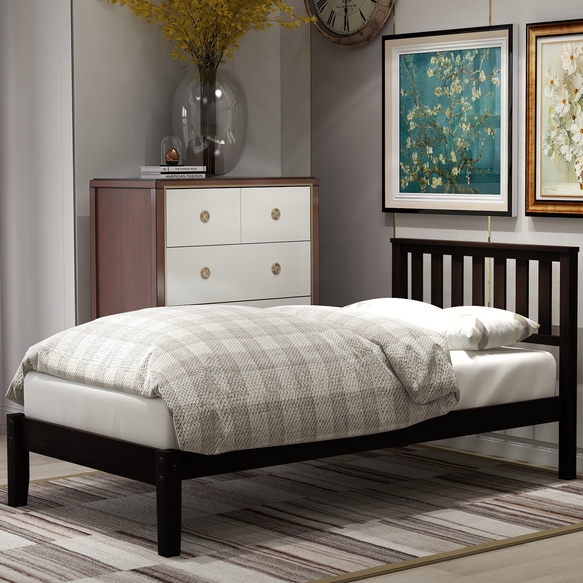 Twin Size Wood Platform Bed With Headboard and Wood Slat Support  Solid Wood Sleigh Bed Frame  No Box Spring Needed/easy Assembly