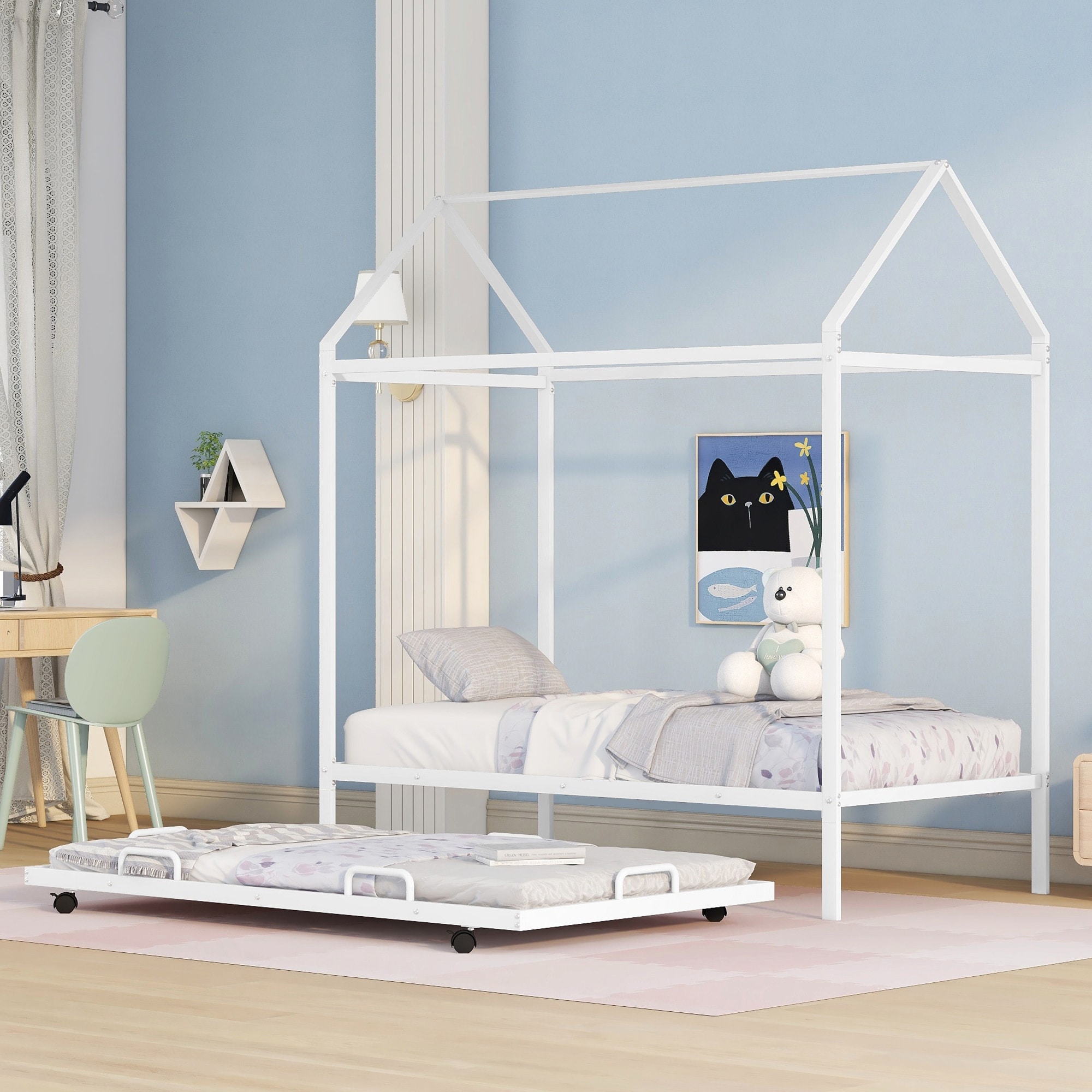 Twin Size Kids House Bed With Trundle  Metal House Bed