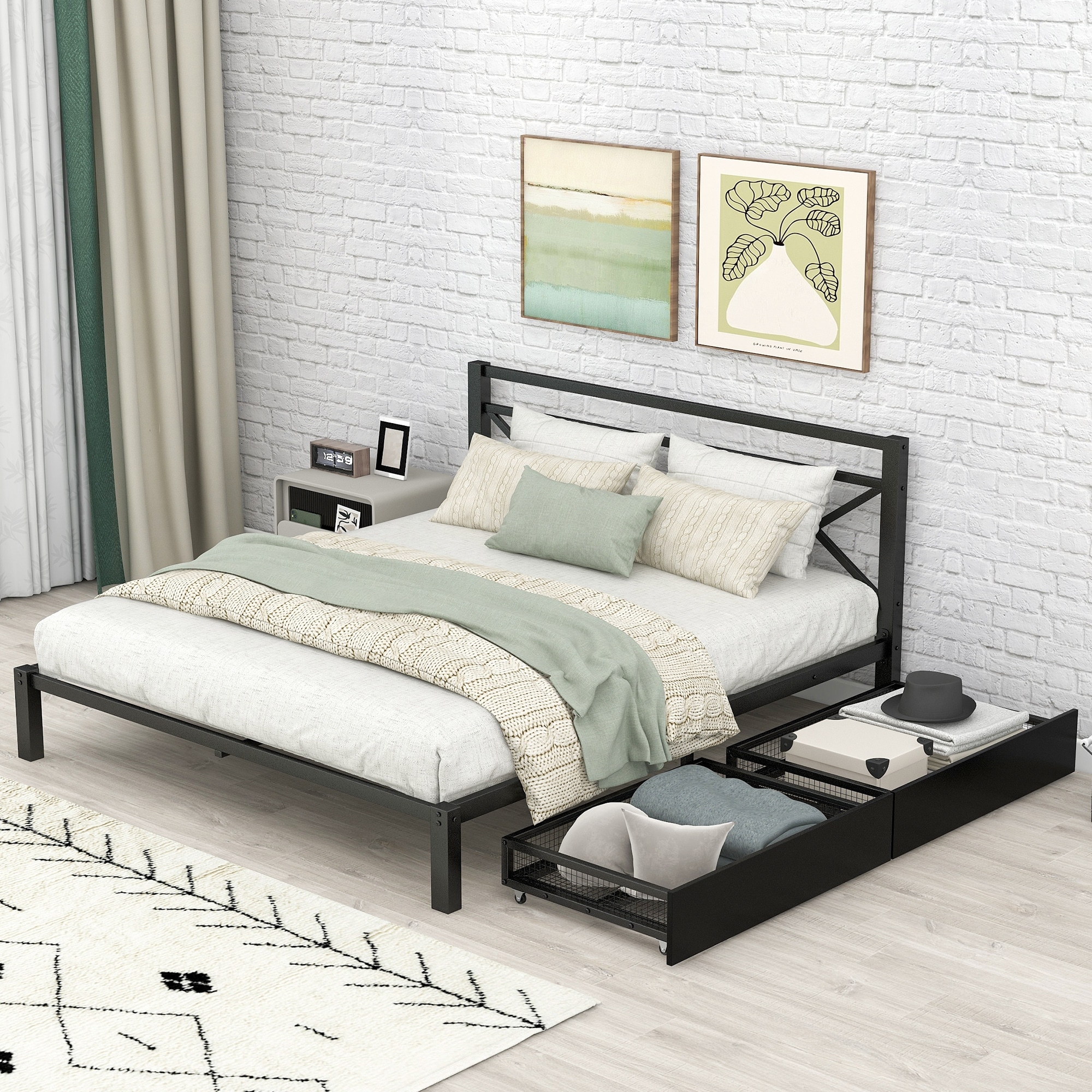 Queen Size Metal Platform Bed With Headboard 2 Drawers and Sturdy Metal Fram  No Box Spring Needed For Any Bedroom (black)