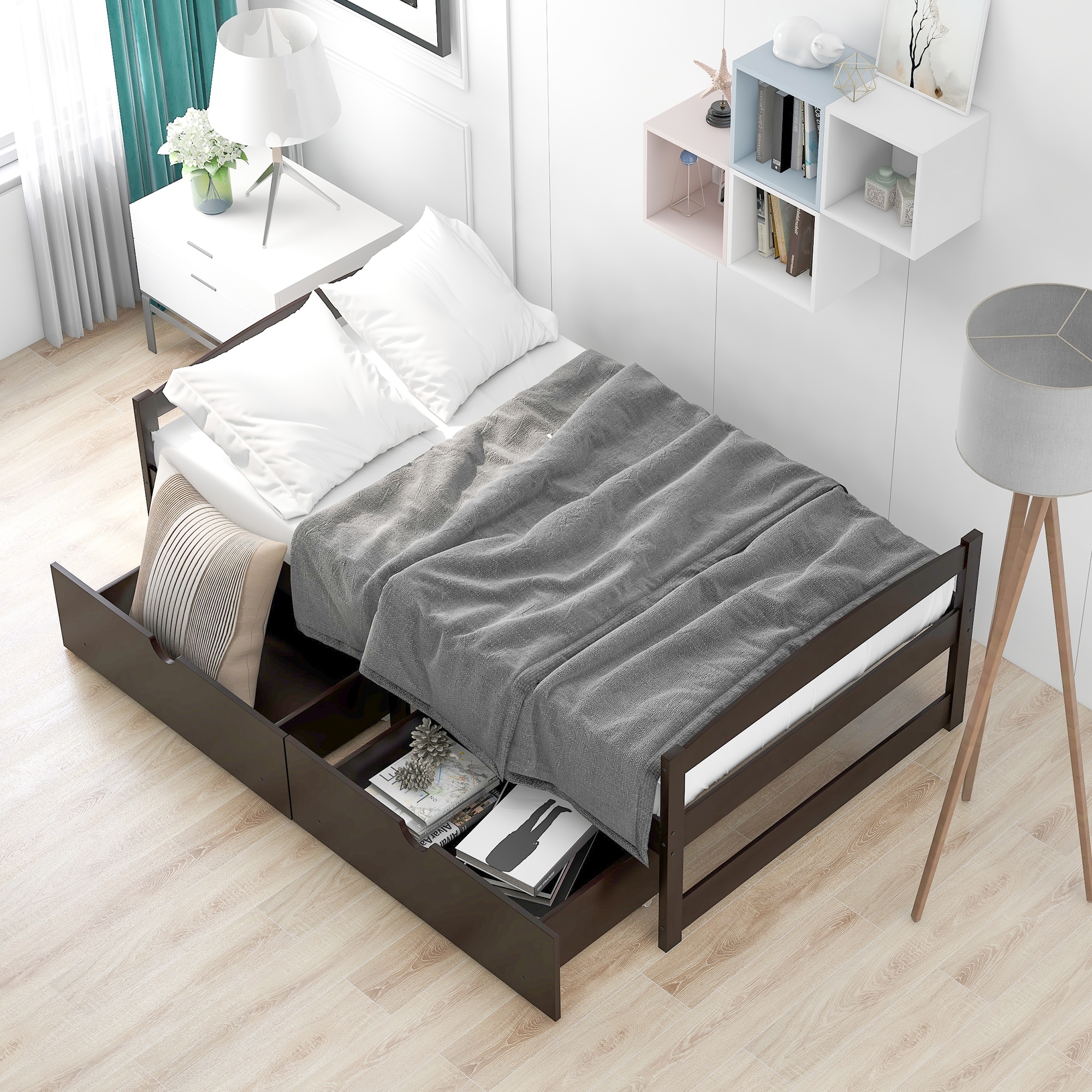 Pine Wood Twin Size Platform Bed With 2 Under-bed Storage Drawers