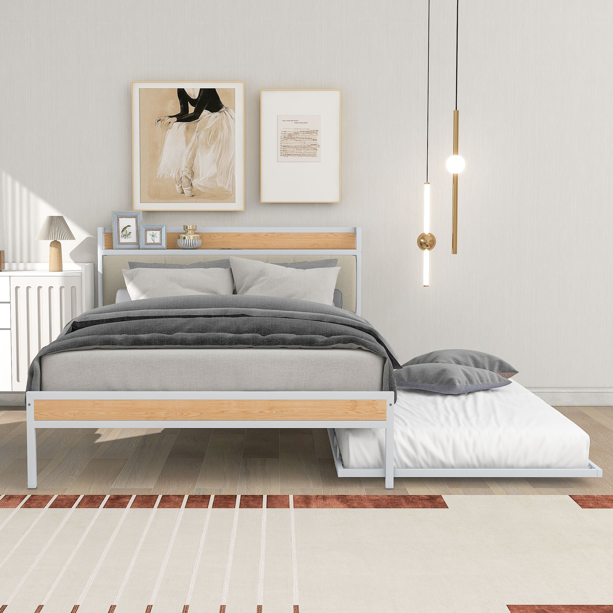 Modern and Rustic Metal Platform Bed Frame With Twin Trundle and Upholstered Headboard