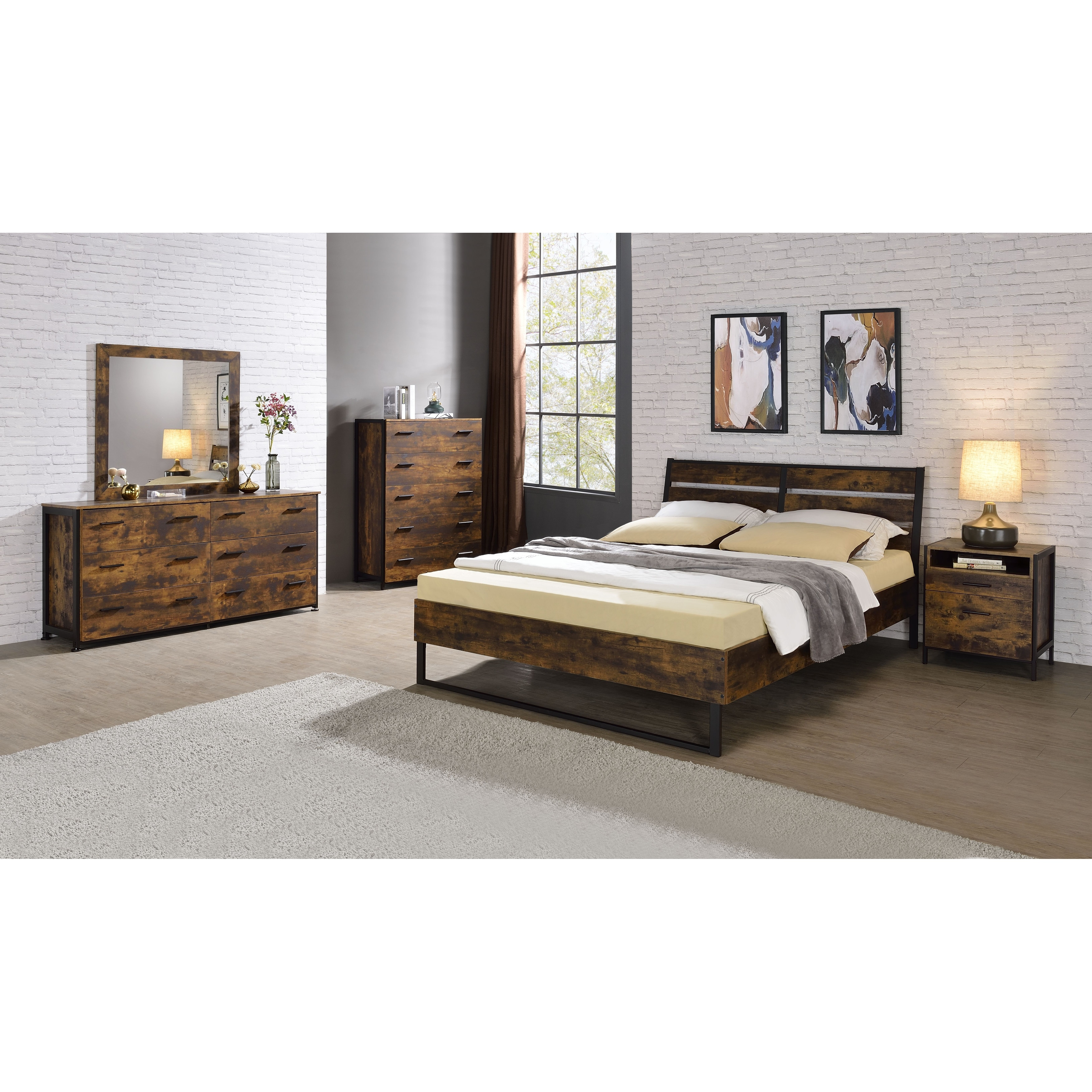 Juvanth Eastern King Bed With Metal Mesh Base And Slatted Headboard In Rustic Oak and Black Finish