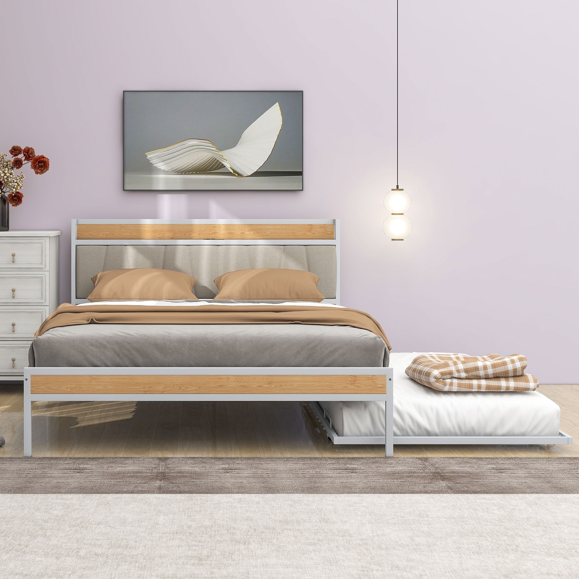 Queen Modern and Rustic Metal Platform Bed Frame With Twin Trundle and Upholstered Headboard  White